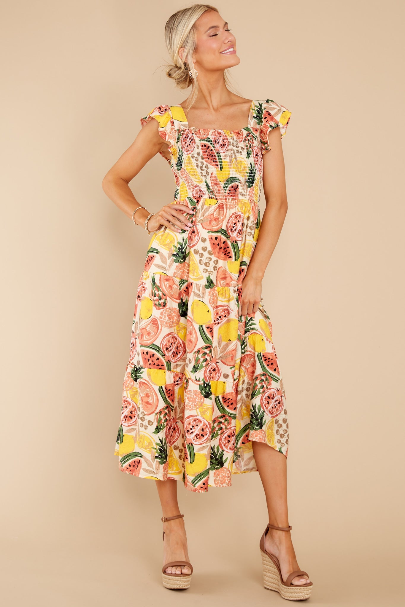 Tuttie Fruitti Coral Multi Print Midi Dress