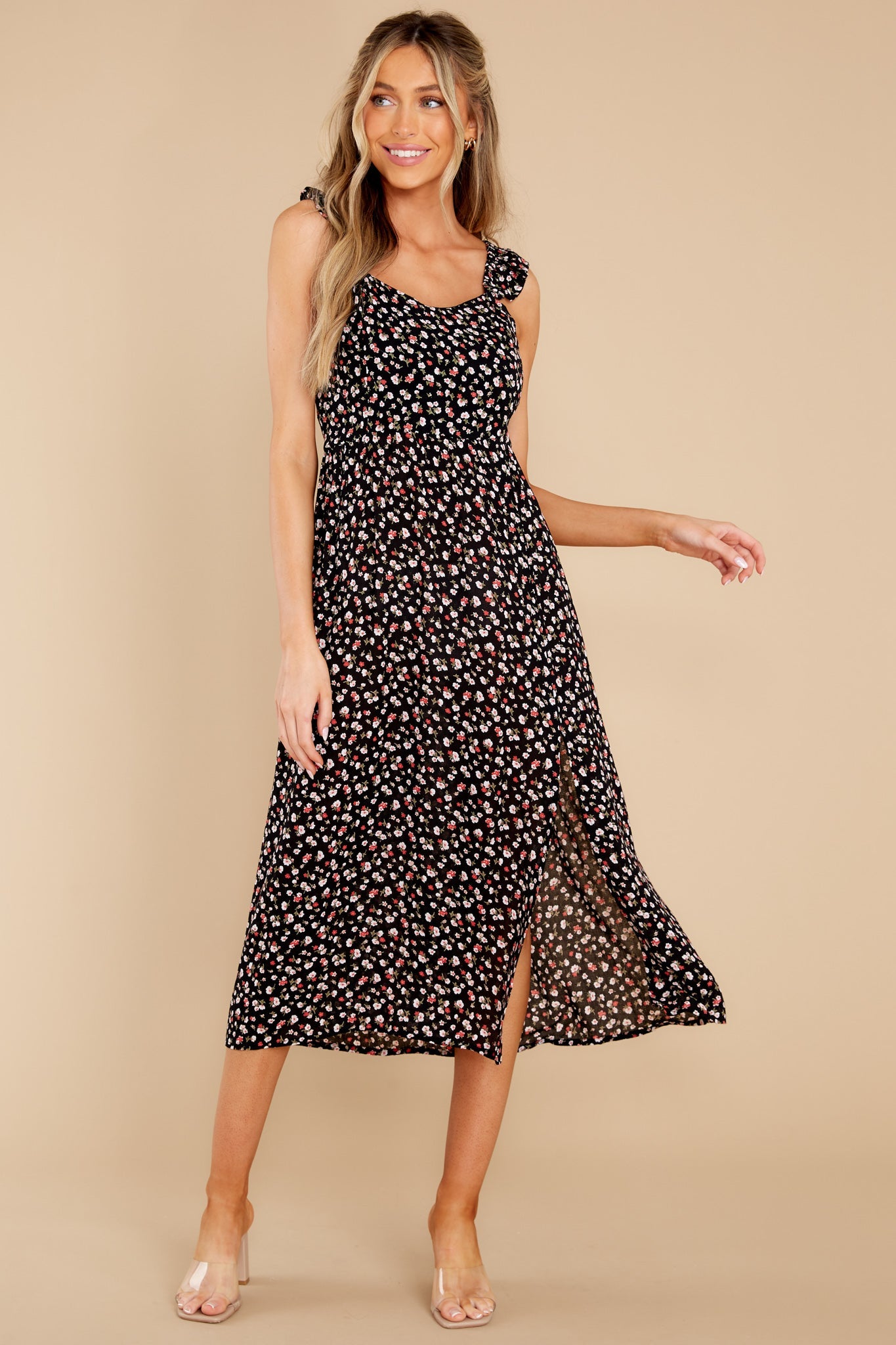 Wish You Were Here Black And Spiced Coral Floral Midi Dress