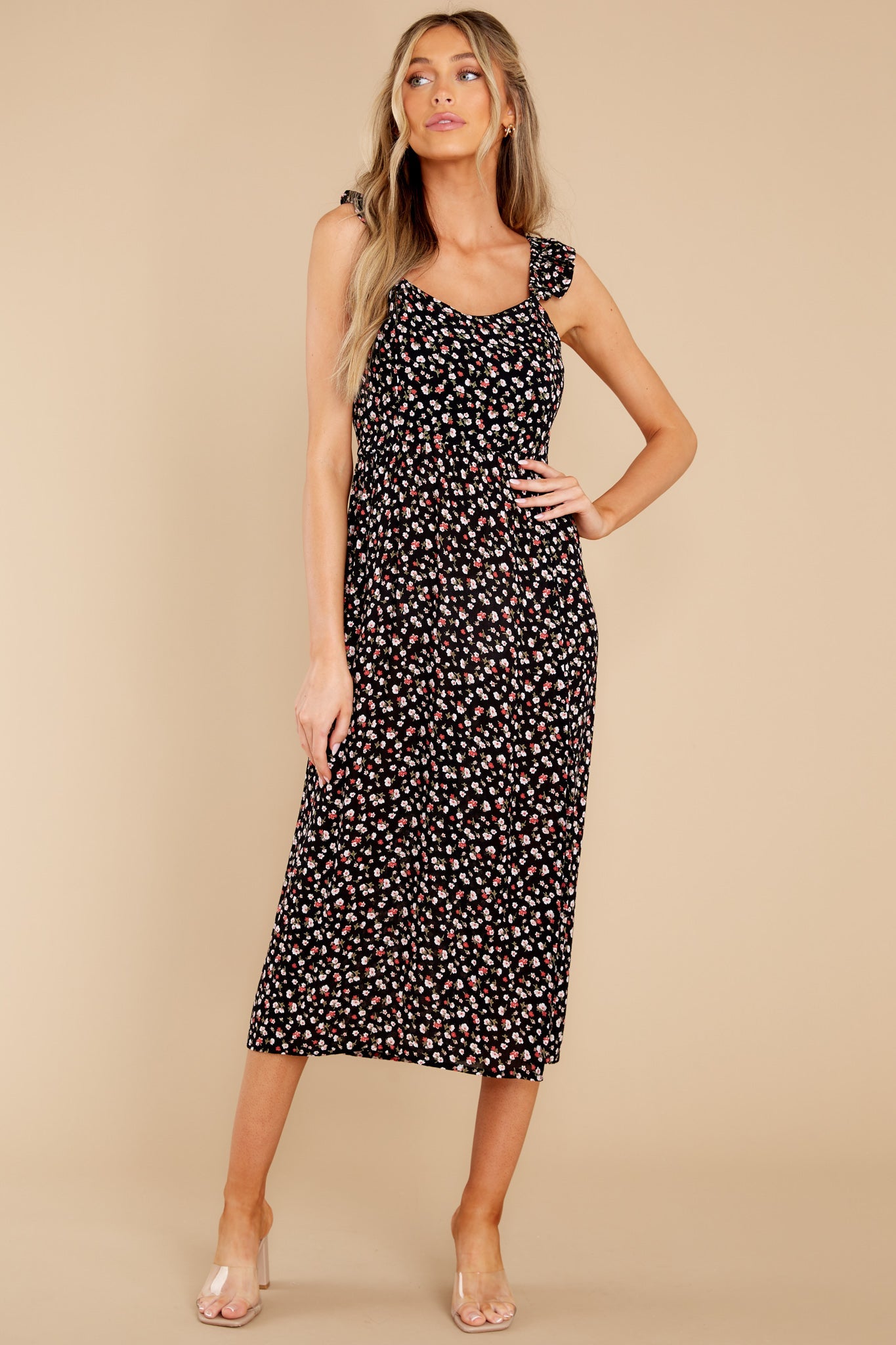 Wish You Were Here Black And Spiced Coral Floral Midi Dress