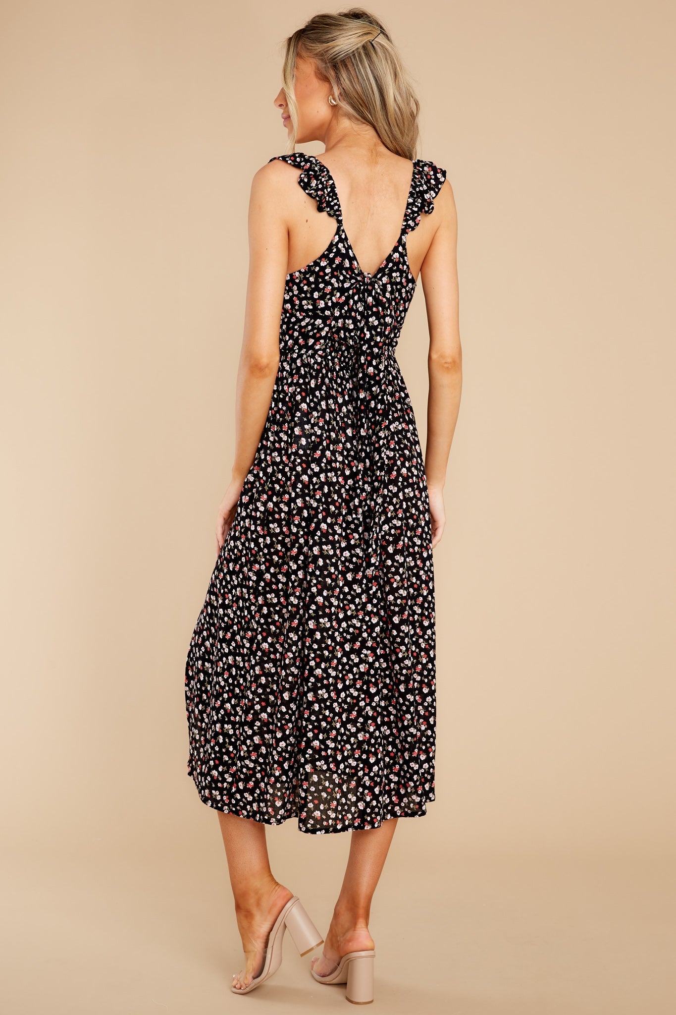 Wish You Were Here Black And Spiced Coral Floral Midi Dress