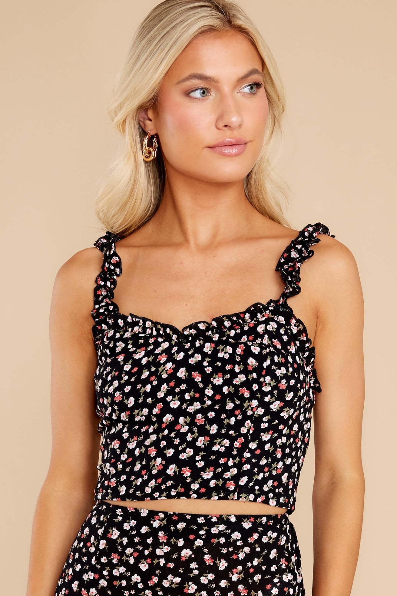 Zuma Black And Spiced Coral Floral Ruffle Edge Crop Top