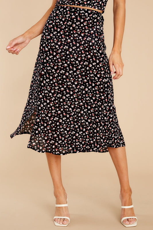 Tango In The Night Black And Spiced Coral Floral Midi Skirt