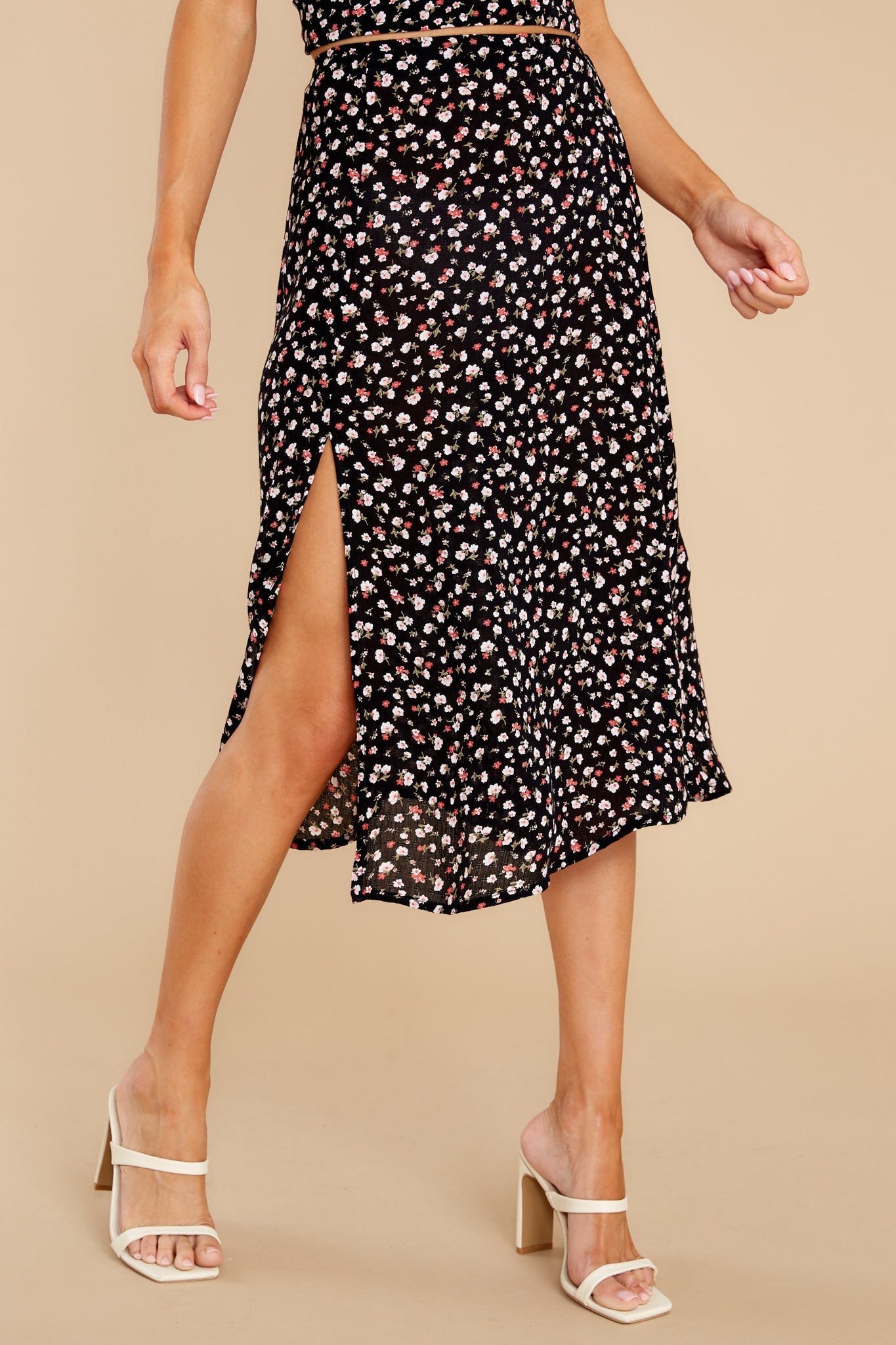 Tango In The Night Black And Spiced Coral Floral Midi Skirt