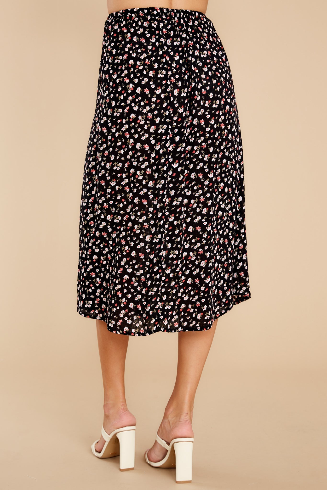 Tango In The Night Black And Spiced Coral Floral Midi Skirt