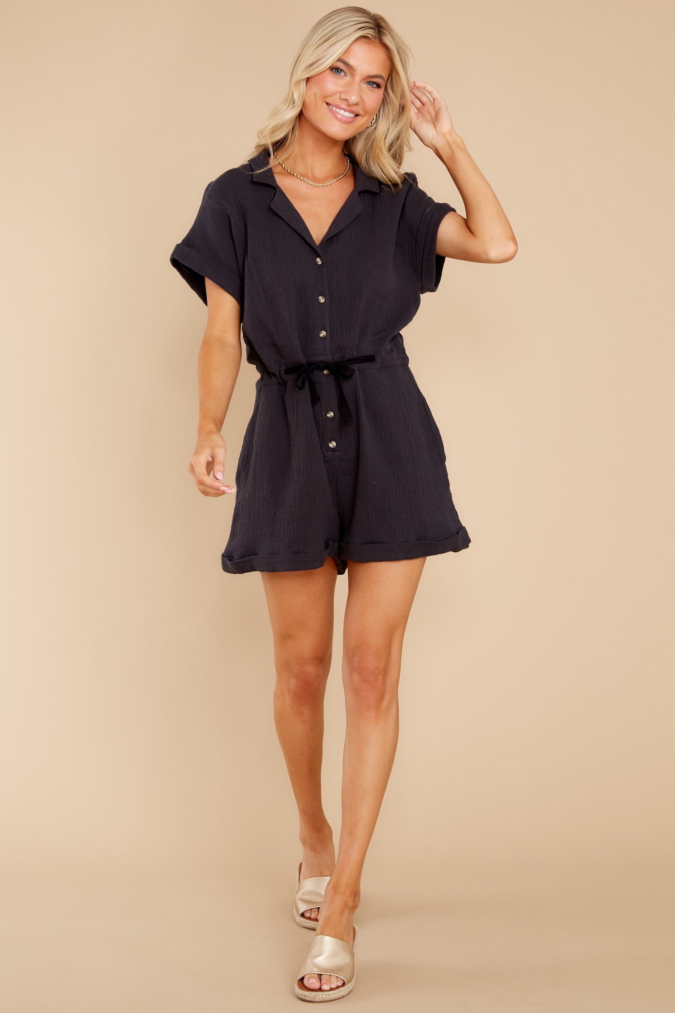 Ease Along Black Cotton Romper
