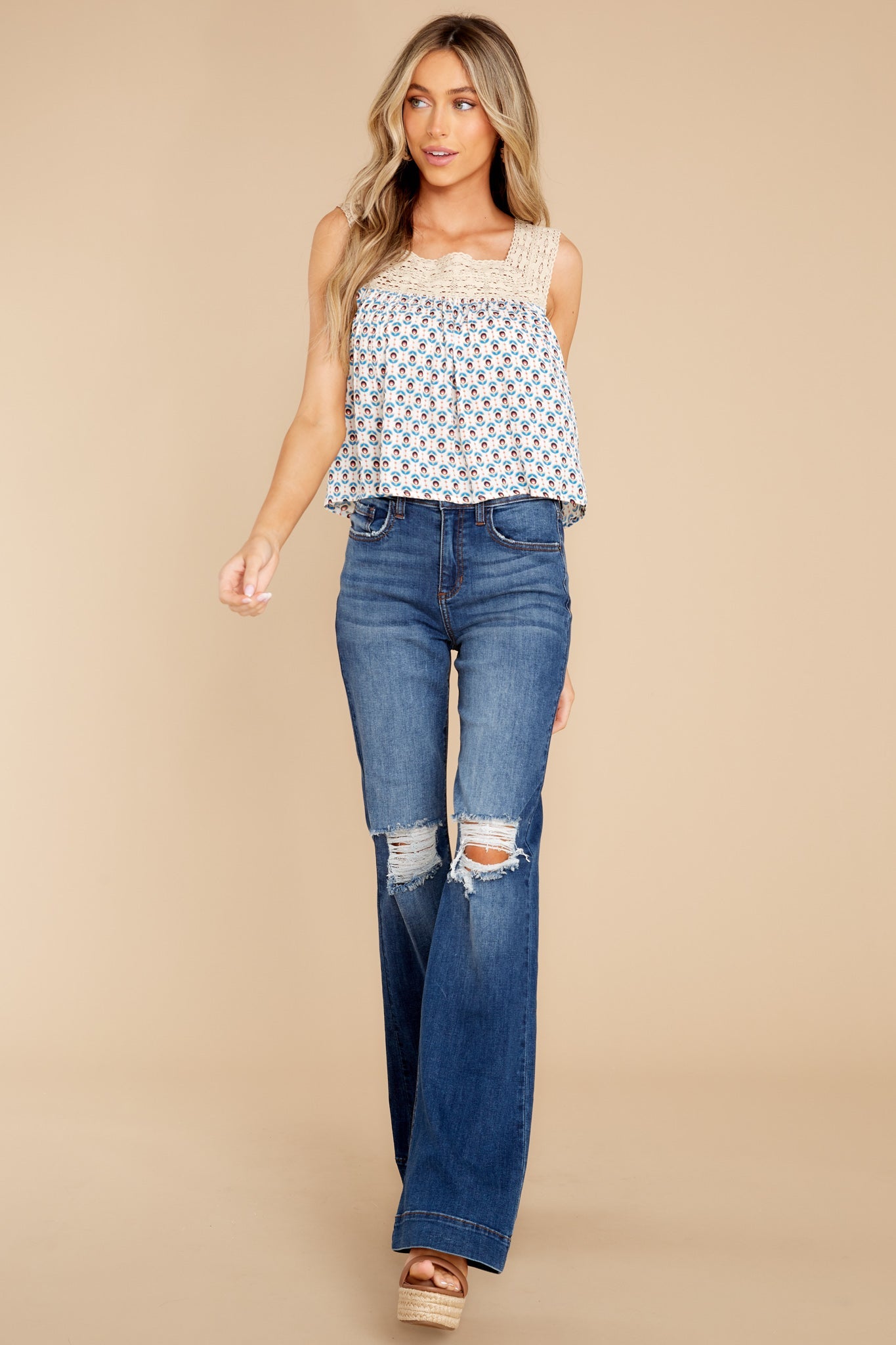 Hotel California Egret Royal Blue Lace Top