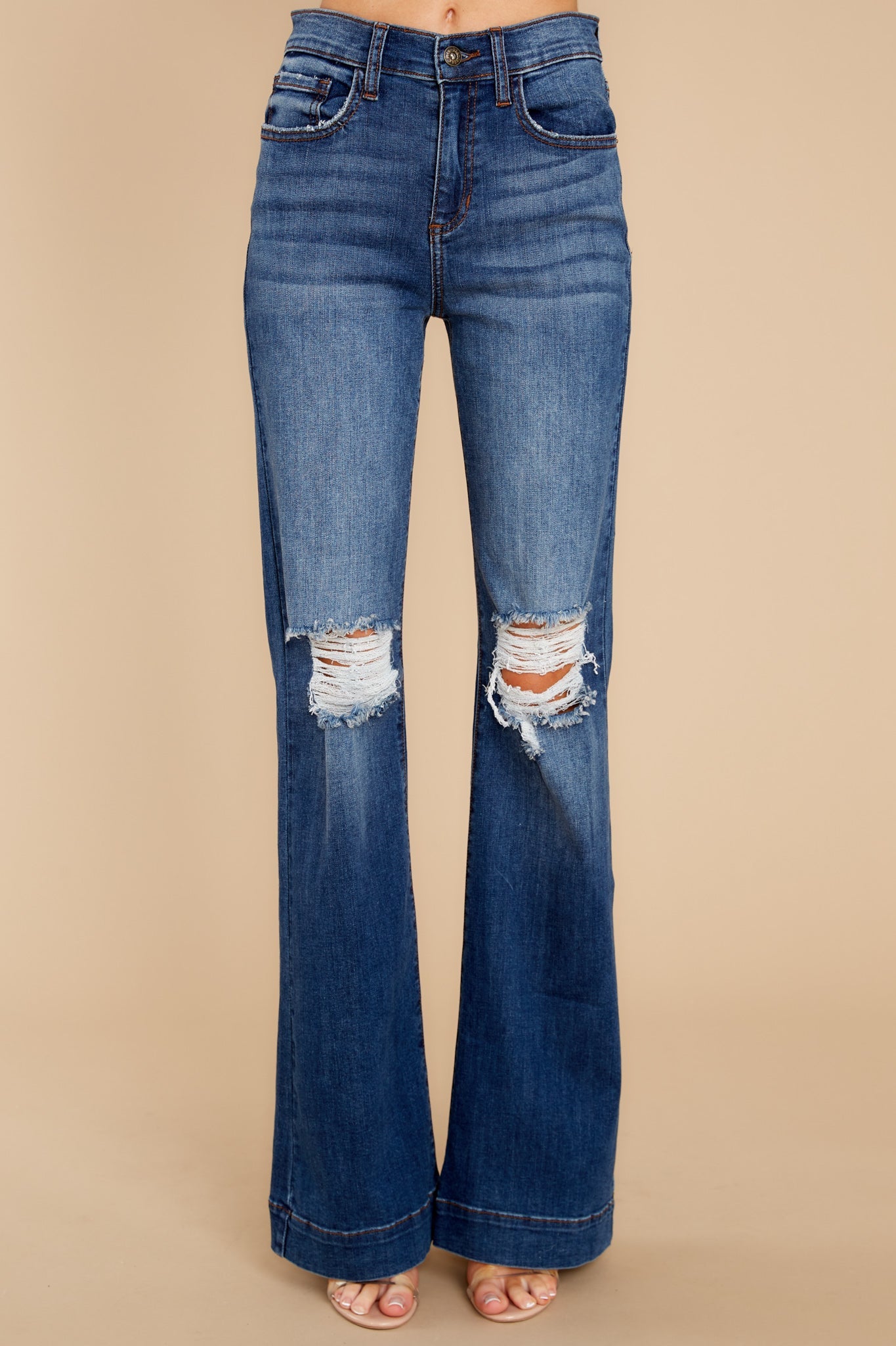 Skipping Around Dark Wash Distressed Wide Leg Jeans