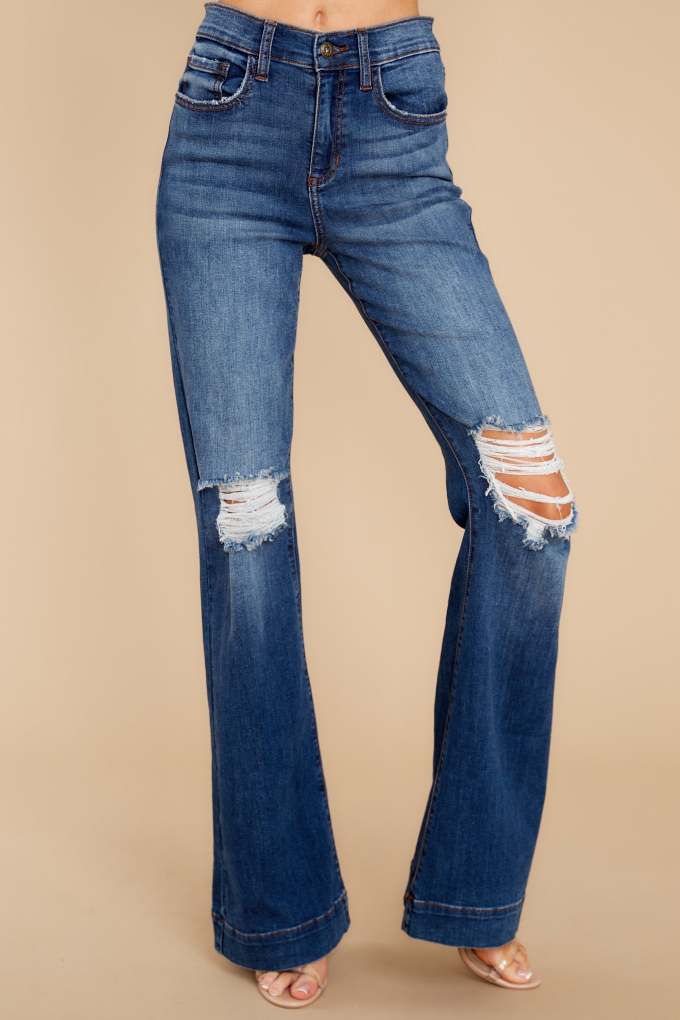 Skipping Around Dark Wash Distressed Wide Leg Jeans