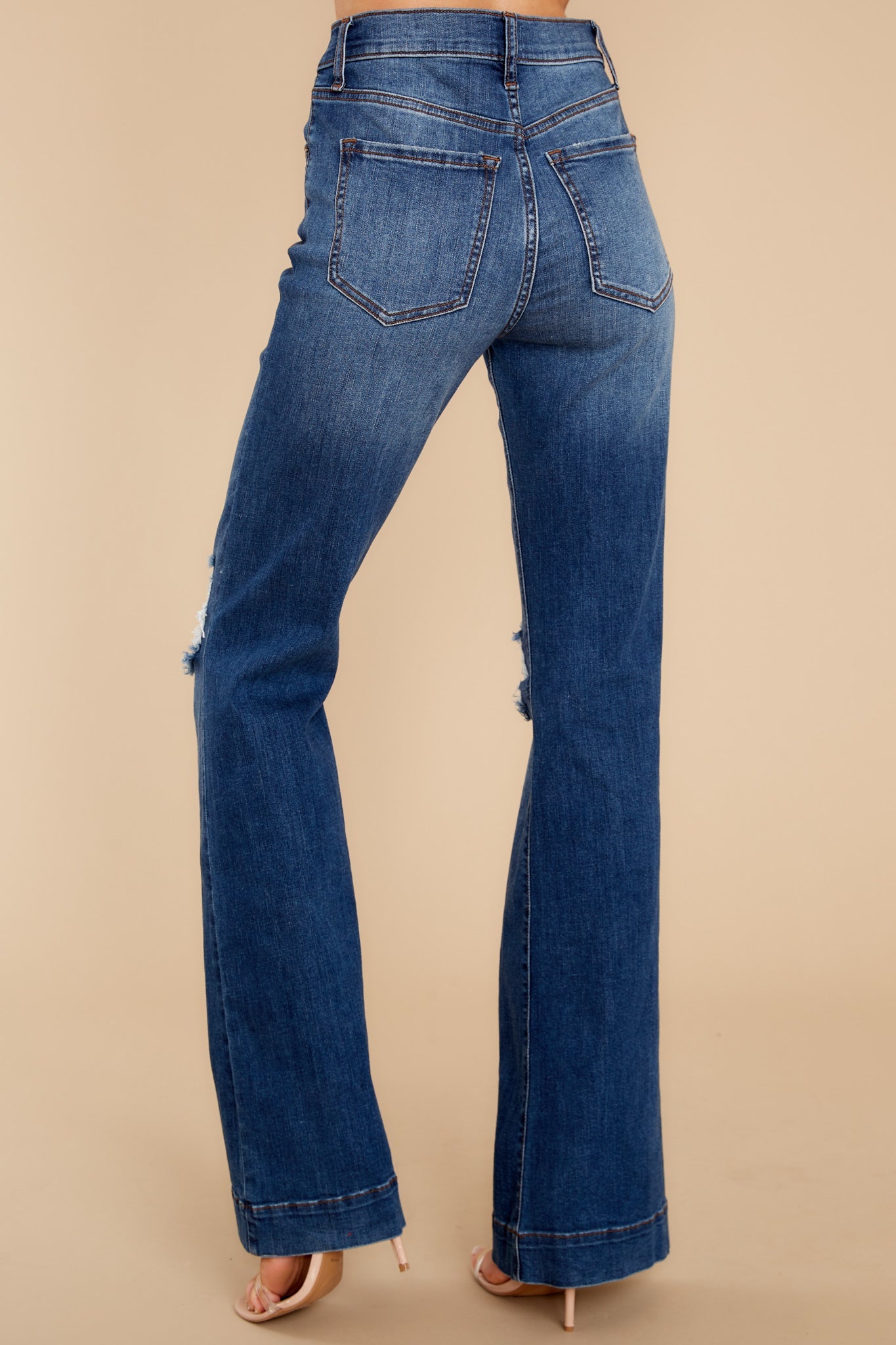 Skipping Around Dark Wash Distressed Wide Leg Jeans