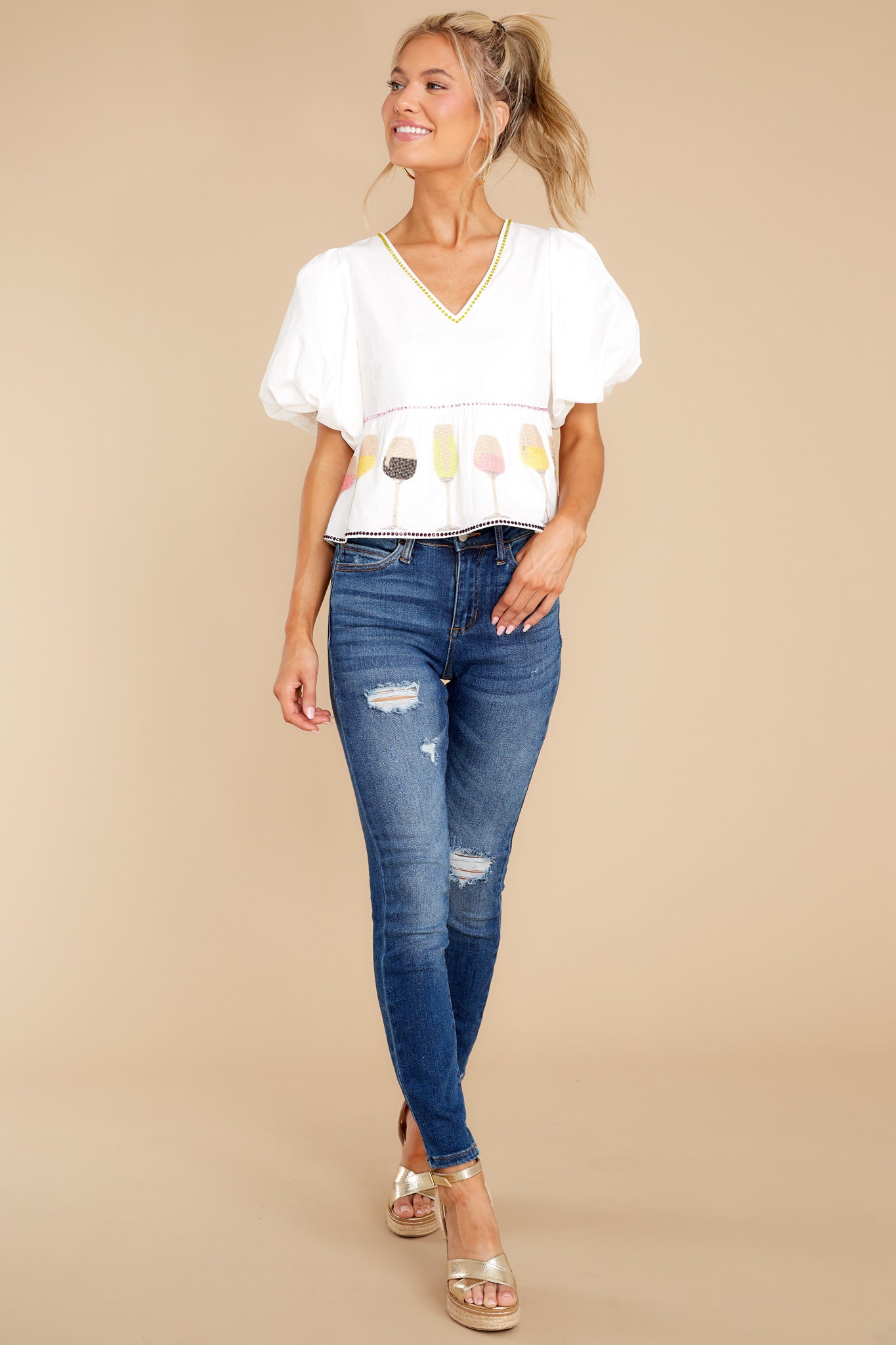 Glitter Glasses Wine White Blouse
