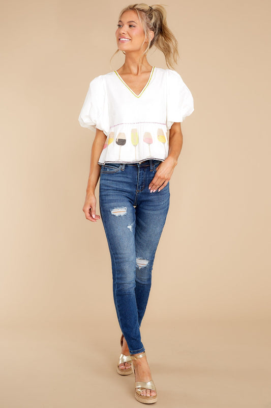 Glitter Glasses Wine White Blouse
