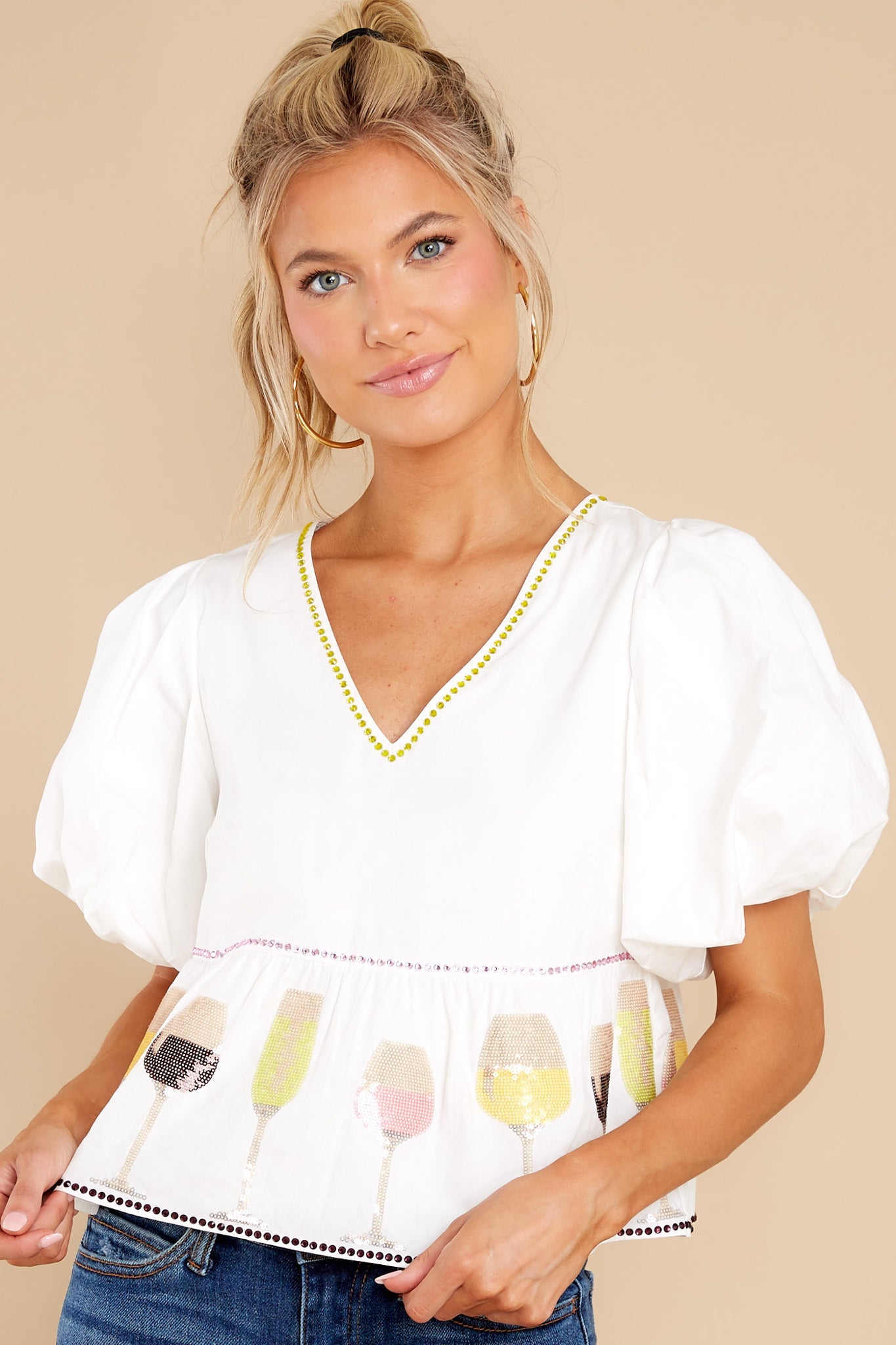 Glitter Glasses Wine White Blouse