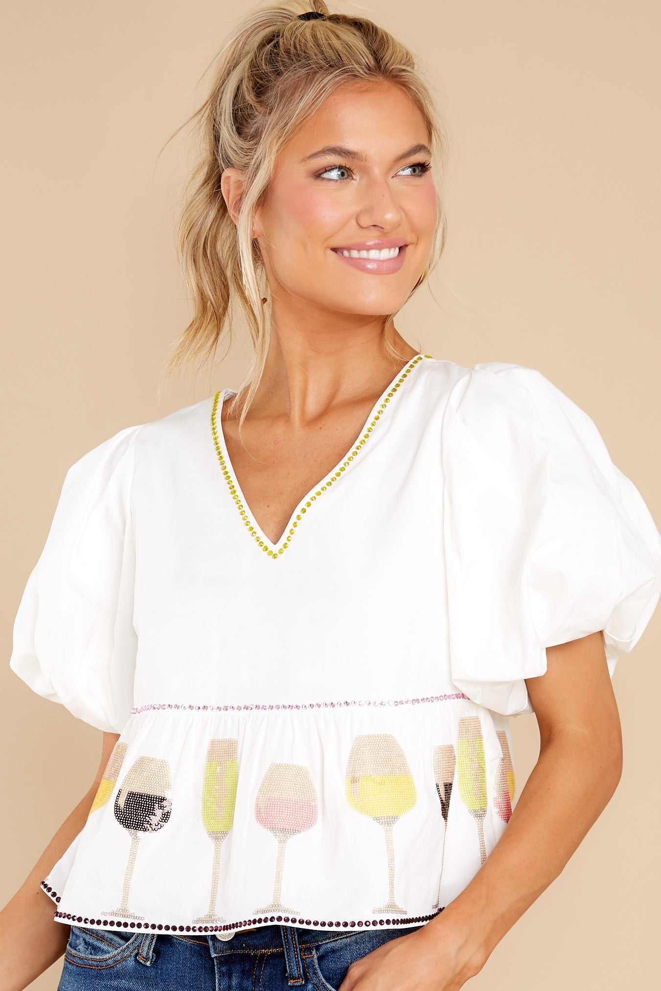 Glitter Glasses Wine White Blouse