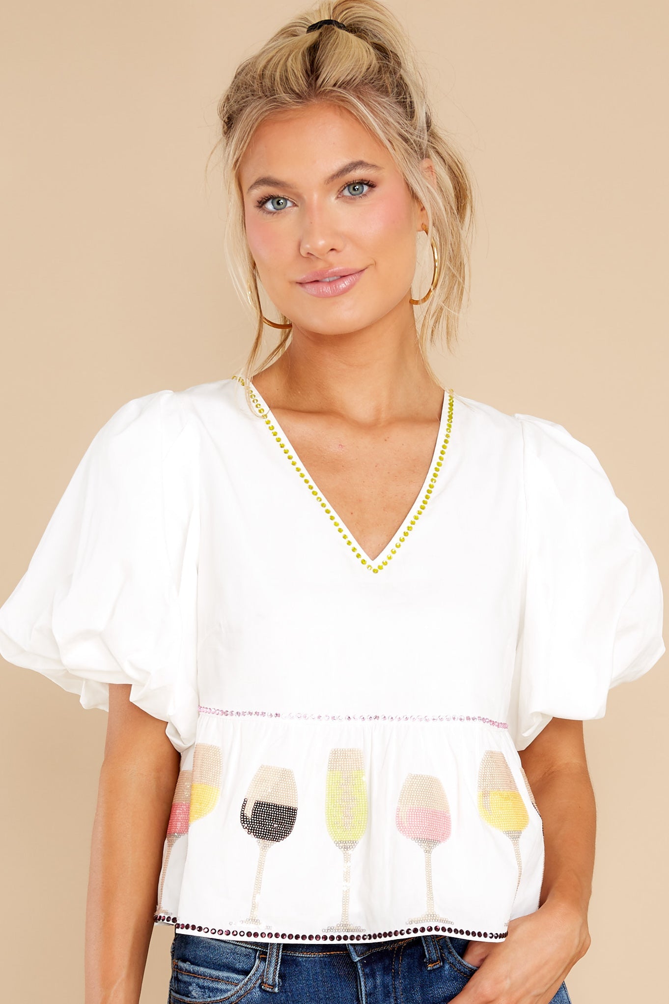 Glitter Glasses Wine White Blouse