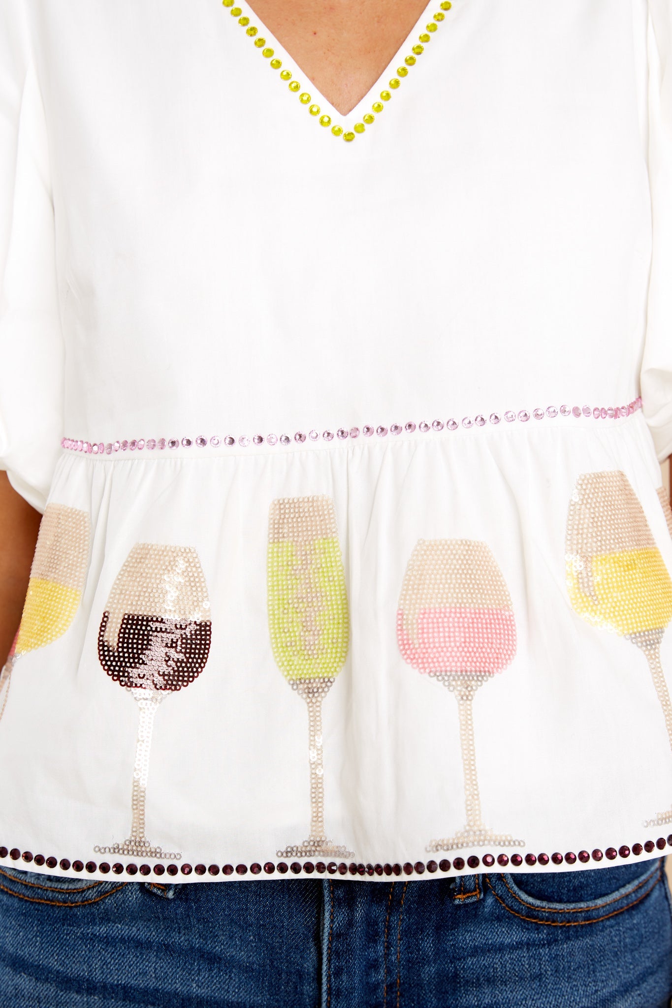 Glitter Glasses Wine White Blouse