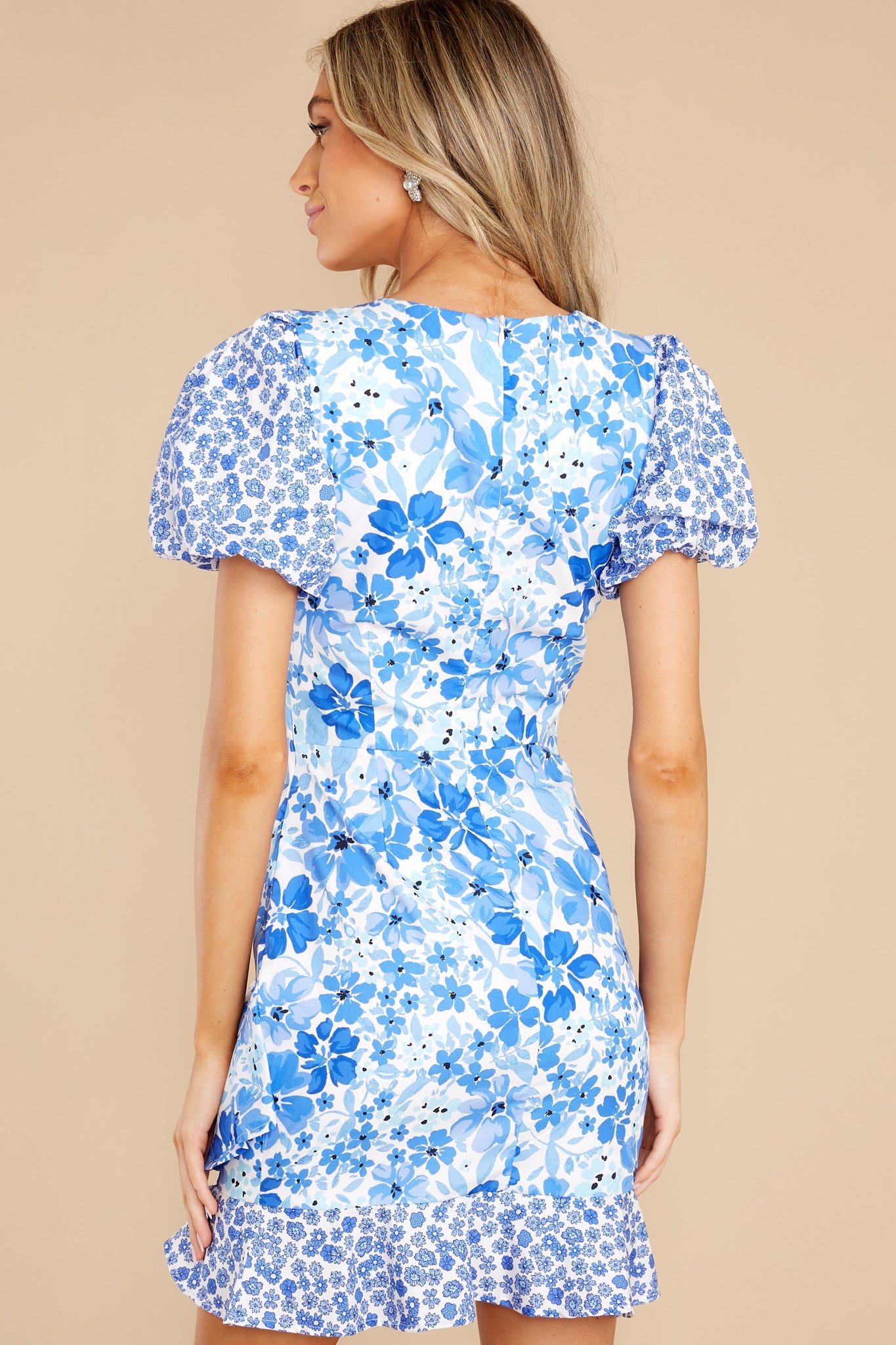 Ira Poplin Bubble Sleeve Blue Print Mini Dress