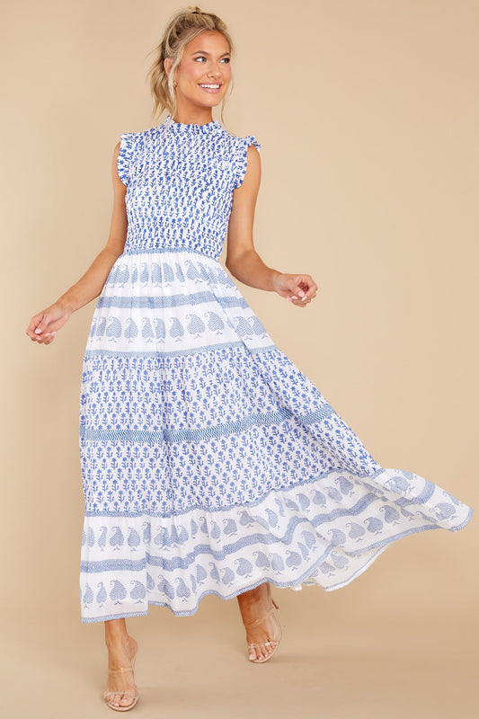 Flora Blue Sleeveless Smocked Maxi Dress