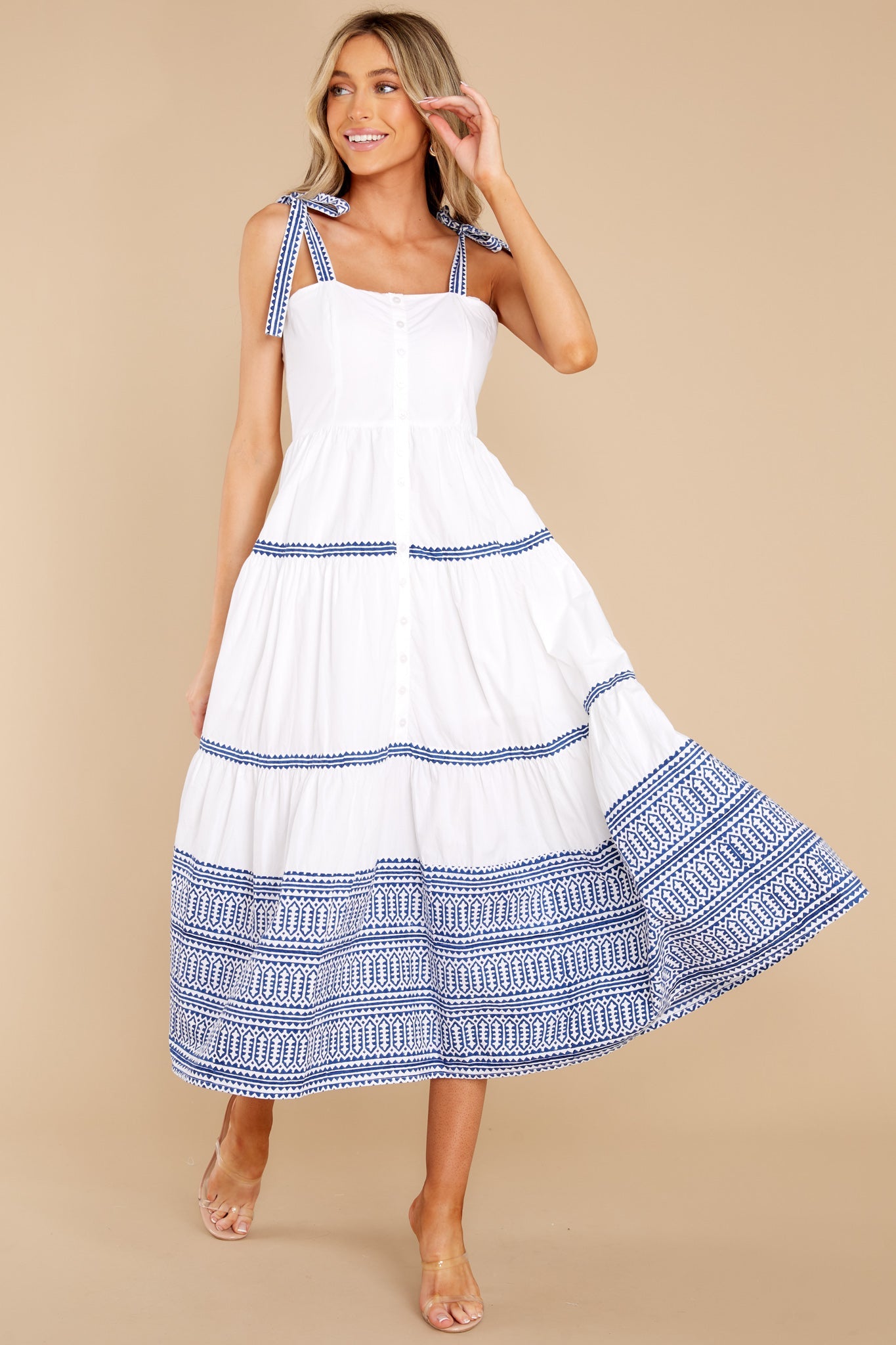 Mykonos Blue Tie Strap Button Front Midi Dress