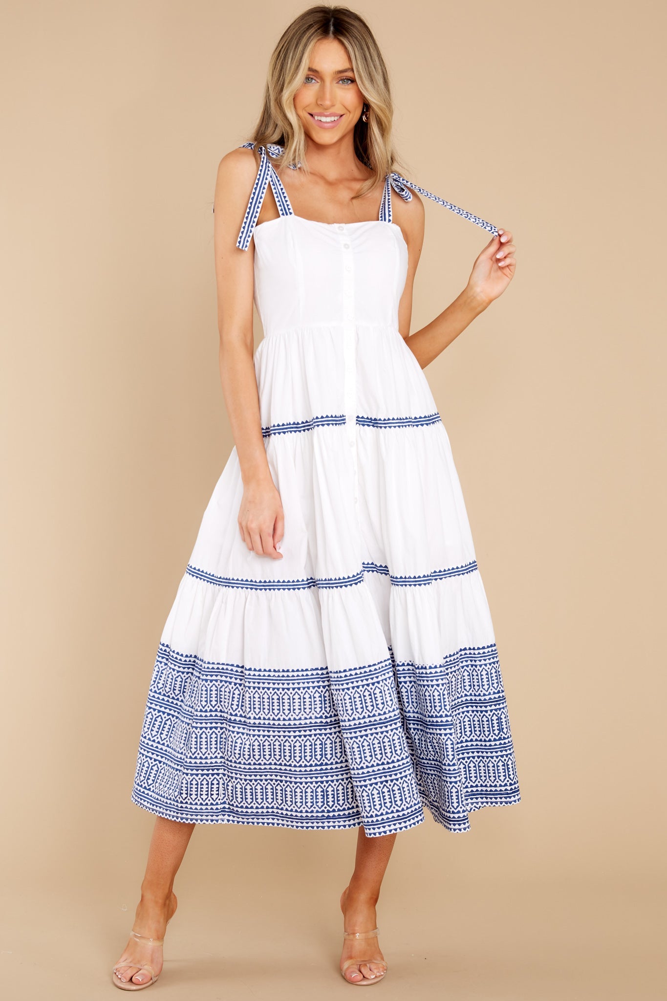 Mykonos Blue Tie Strap Button Front Midi Dress