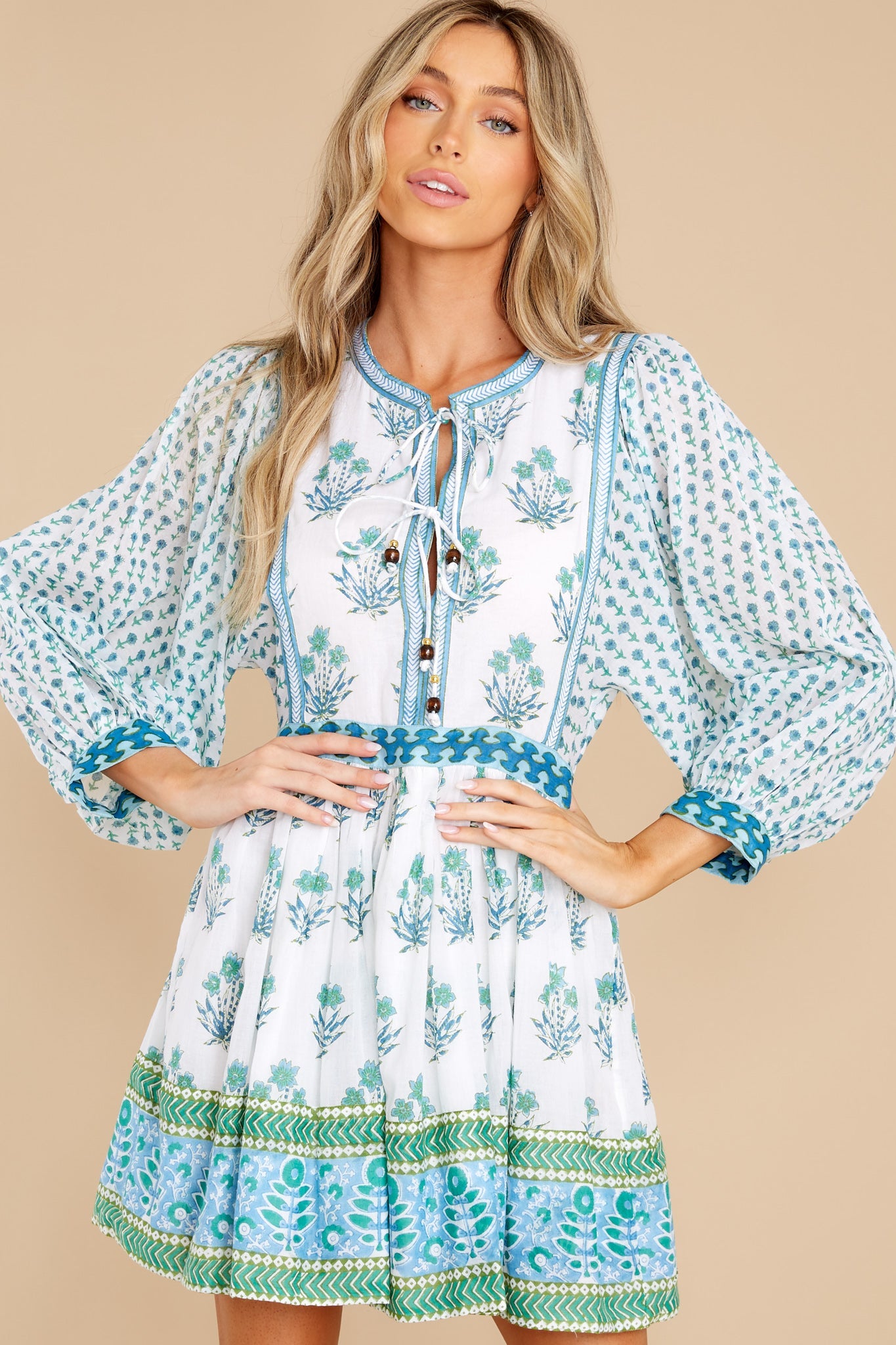 Indica Blue Tie Front Balloon Sleeve Dress