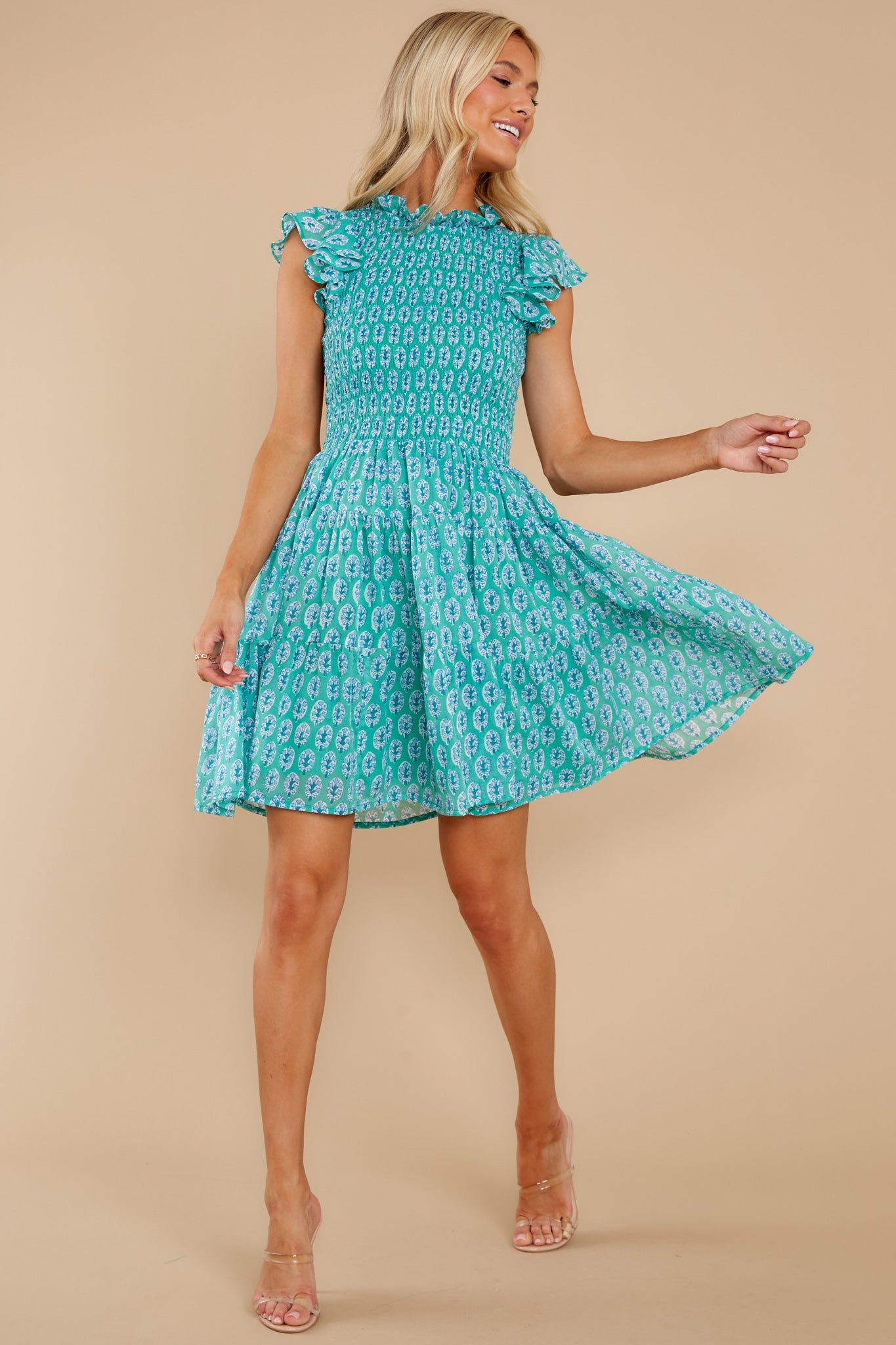 Libson Green Smocked Flirty Short Dress