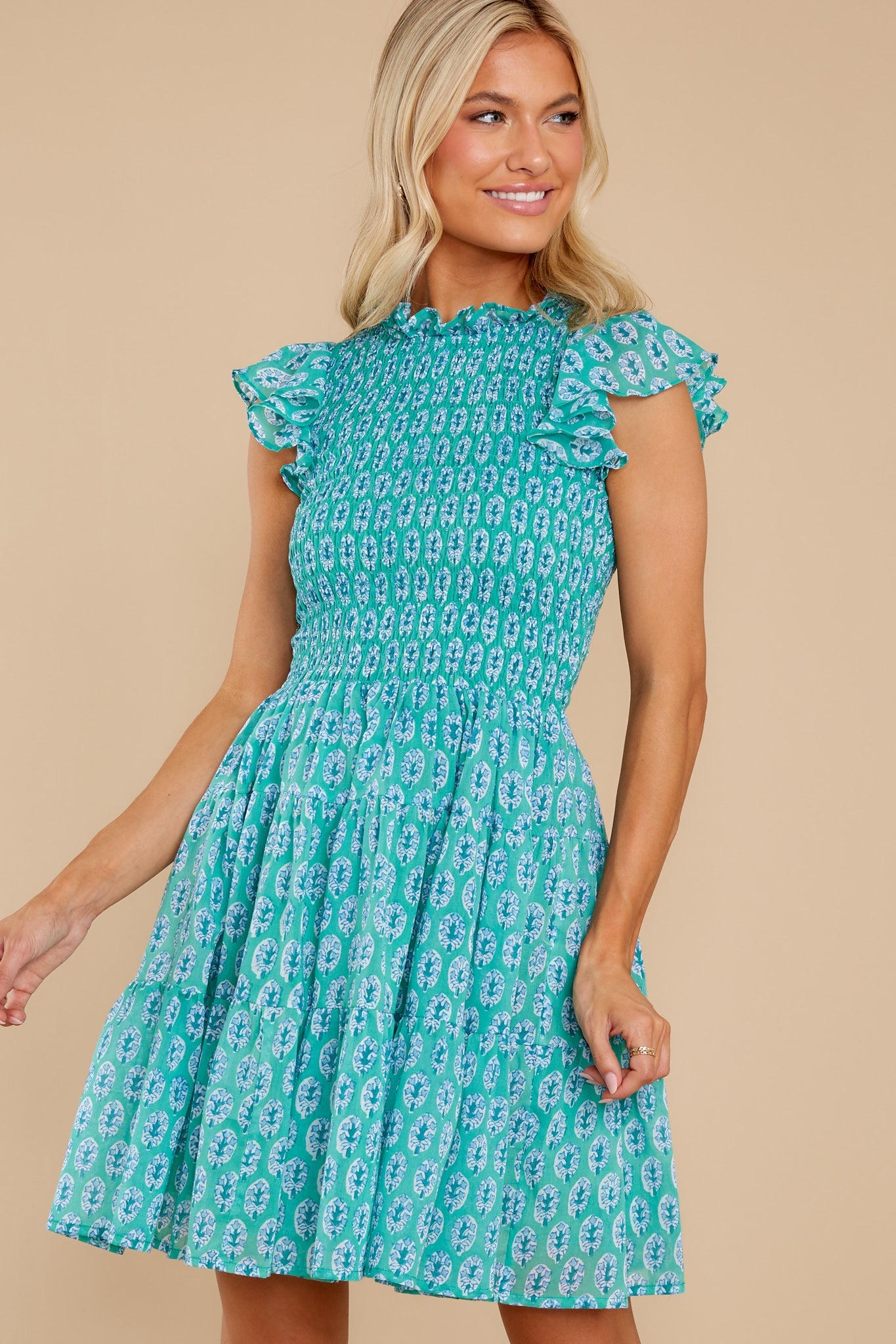 Libson Green Smocked Flirty Short Dress