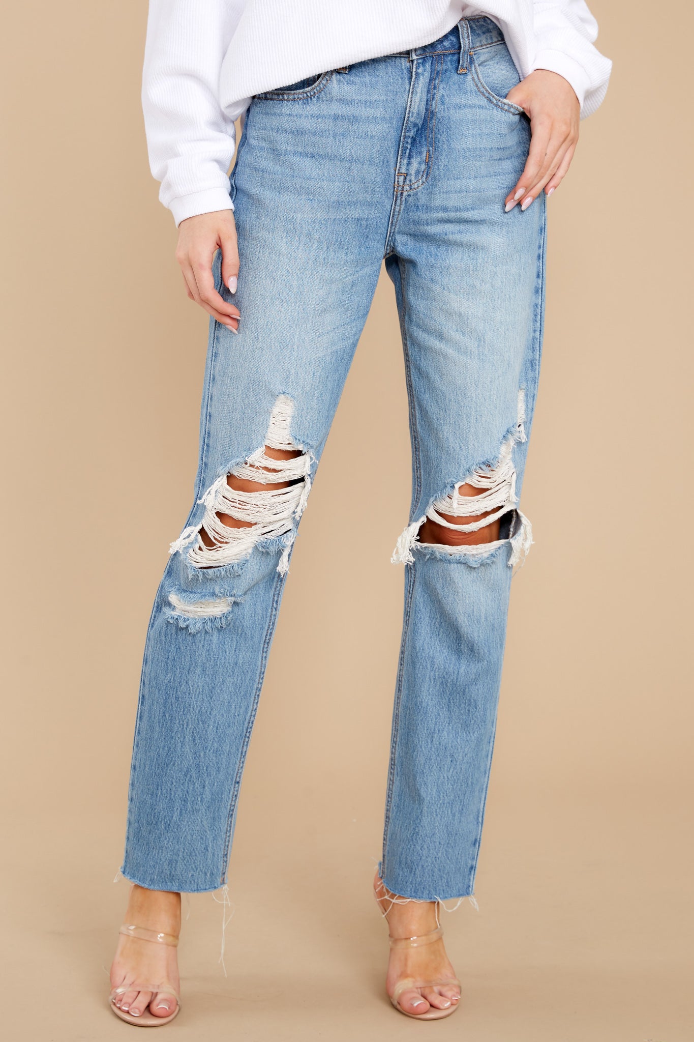 Rock With Me Medium Wash Distressed Straight Jeans