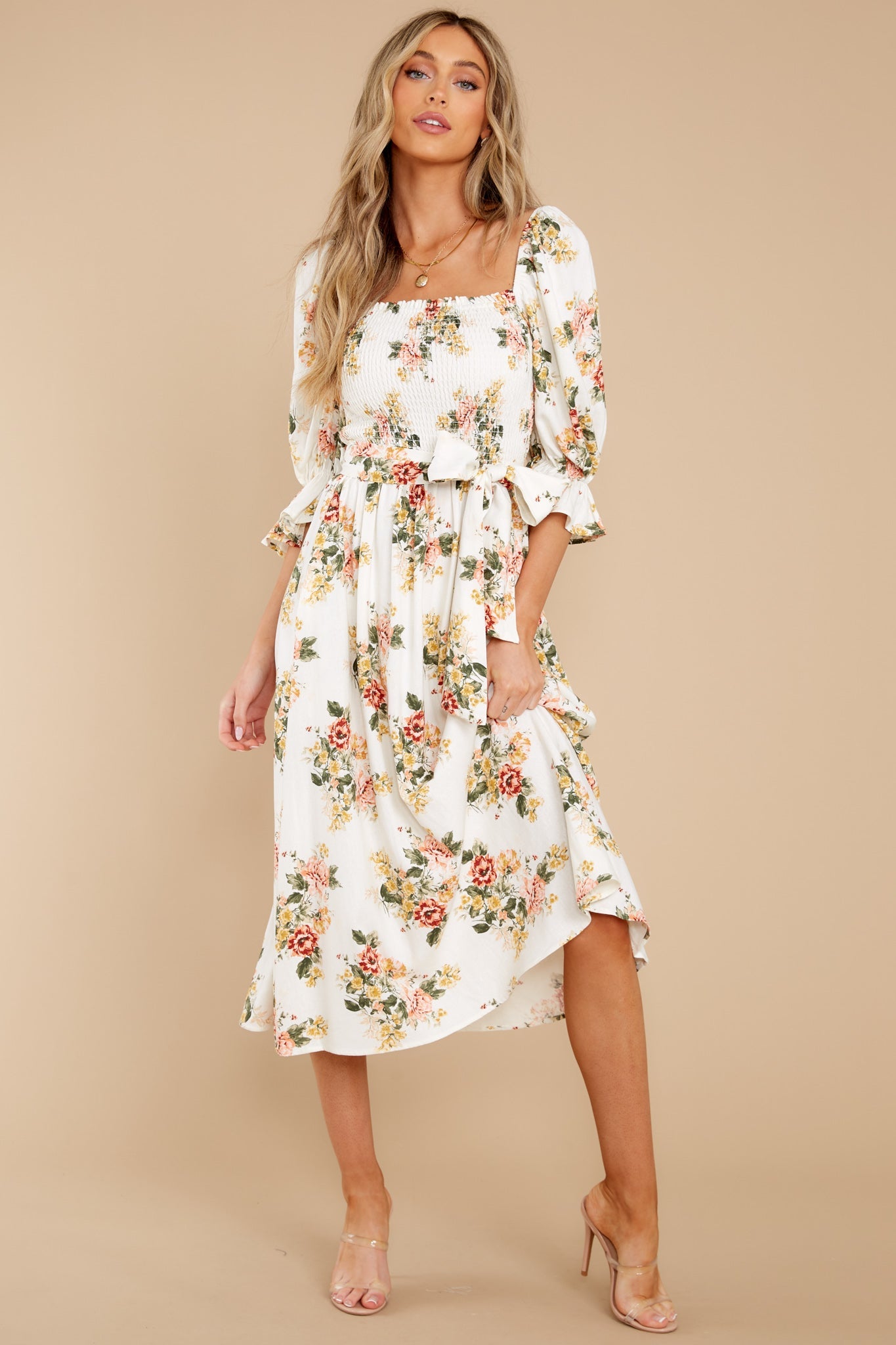 Make Believe Off White Floral Print Midi Dress