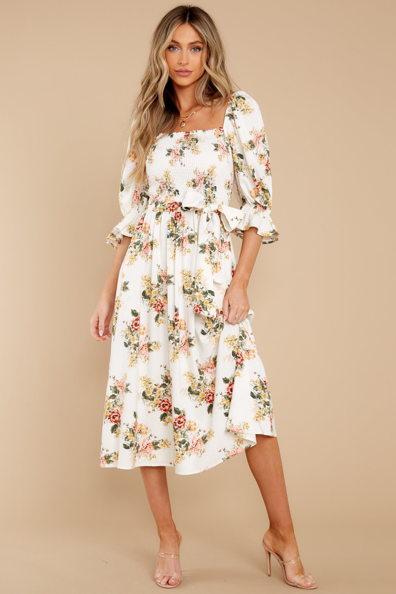 Make Believe Off White Floral Print Midi Dress
