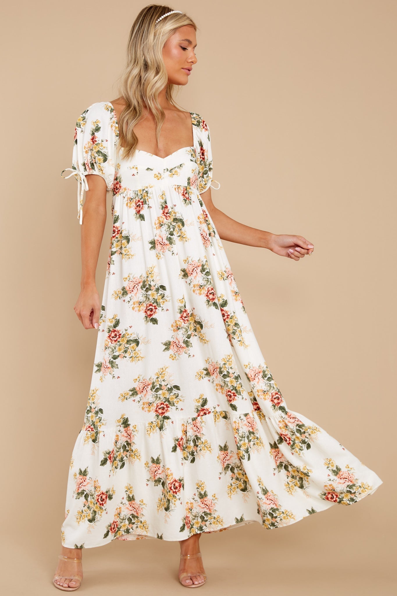 Whimsical Blooms White Floral Print Maxi Dress