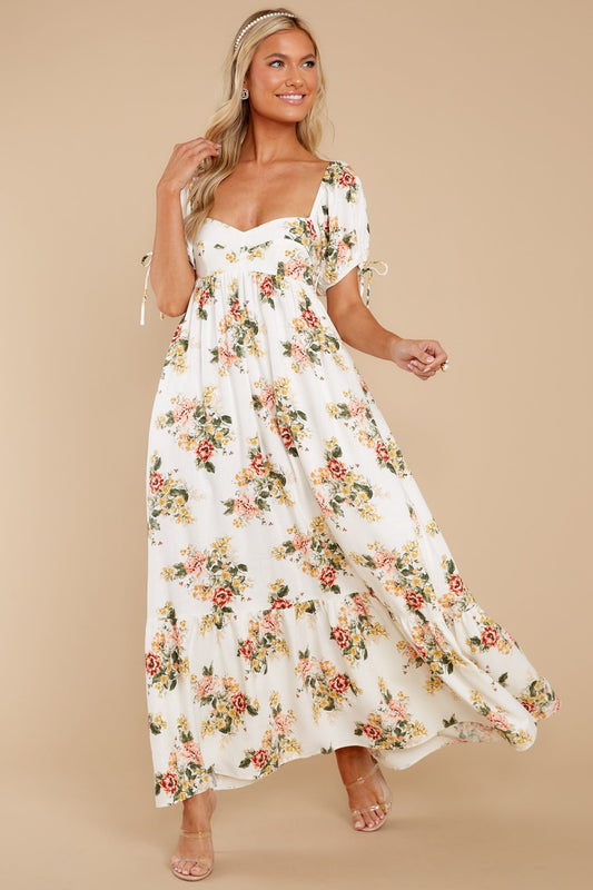 Whimsical Blooms White Floral Print Maxi Dress