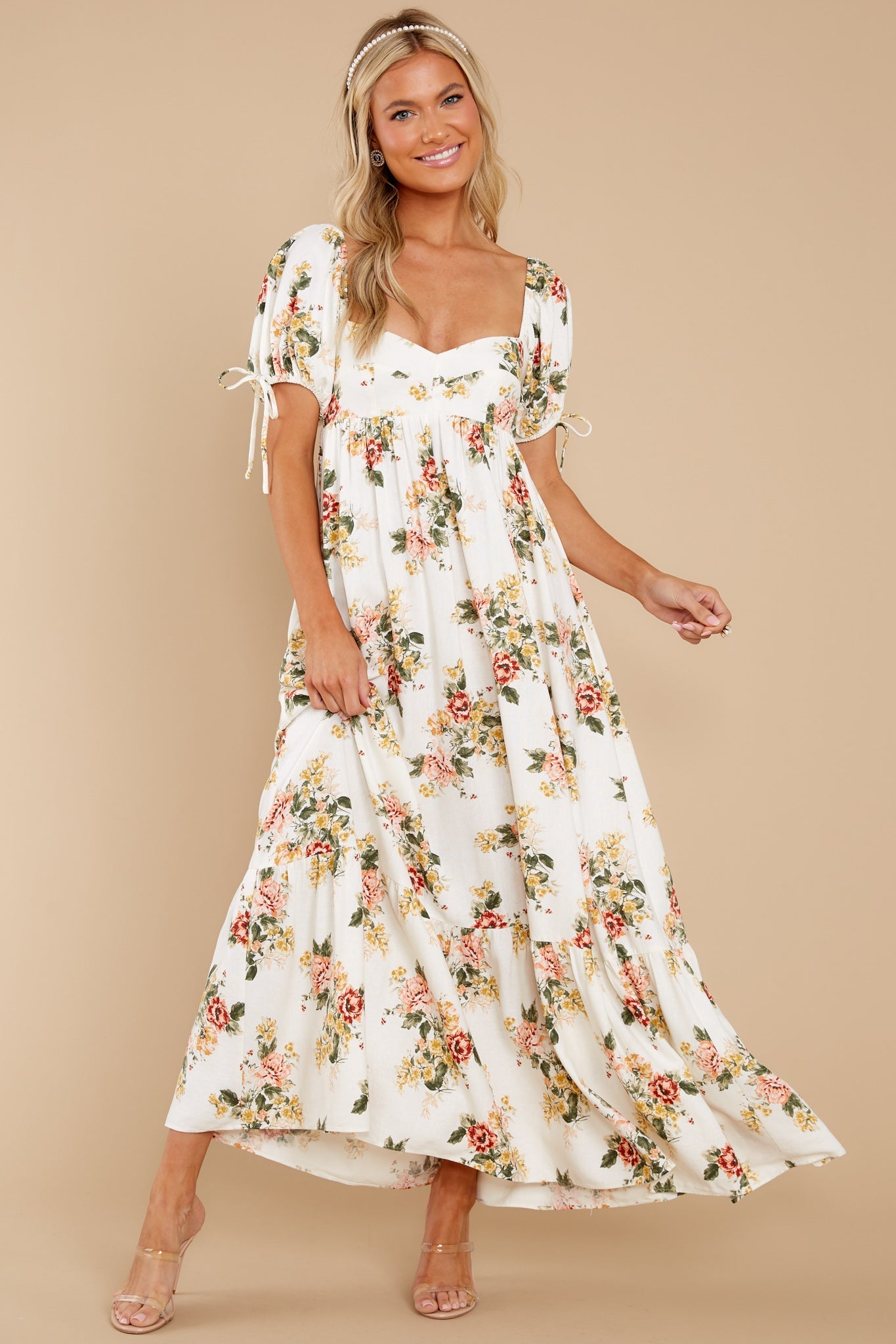 Whimsical Blooms White Floral Print Maxi Dress