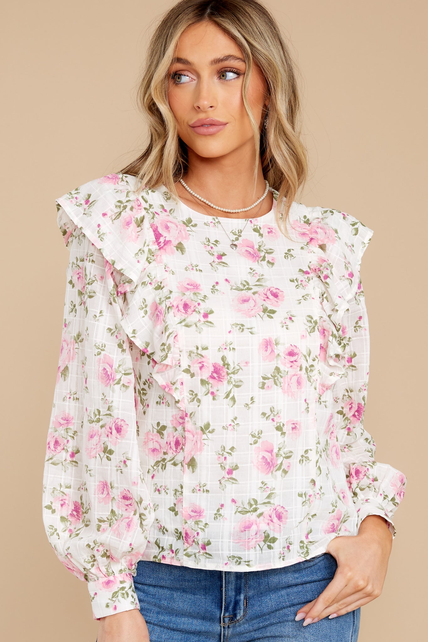 A Different Story Ivory Floral Print Cotton Top