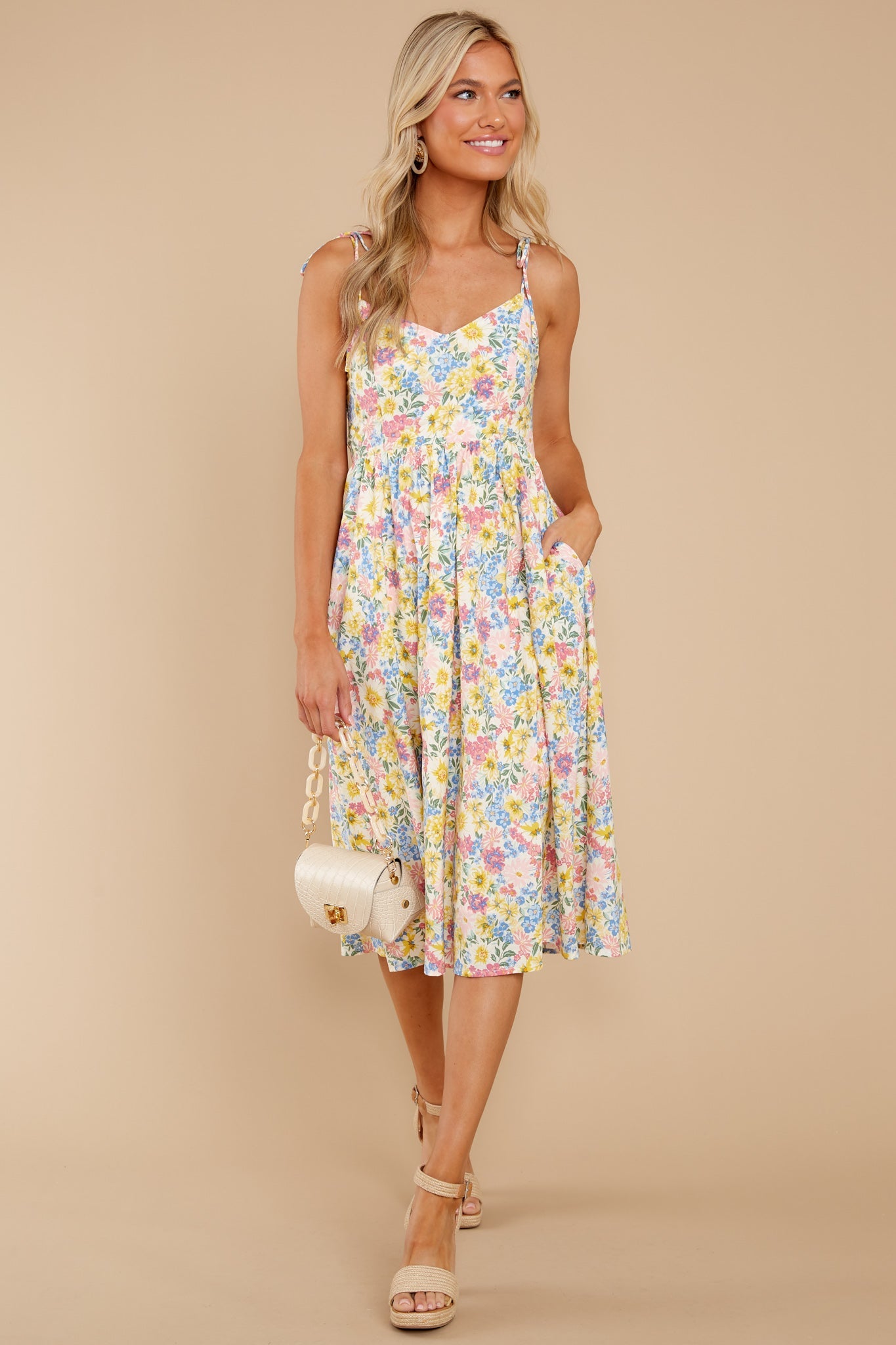 Chasing Sun Beams Yellow Multi Floral Print Midi Dress