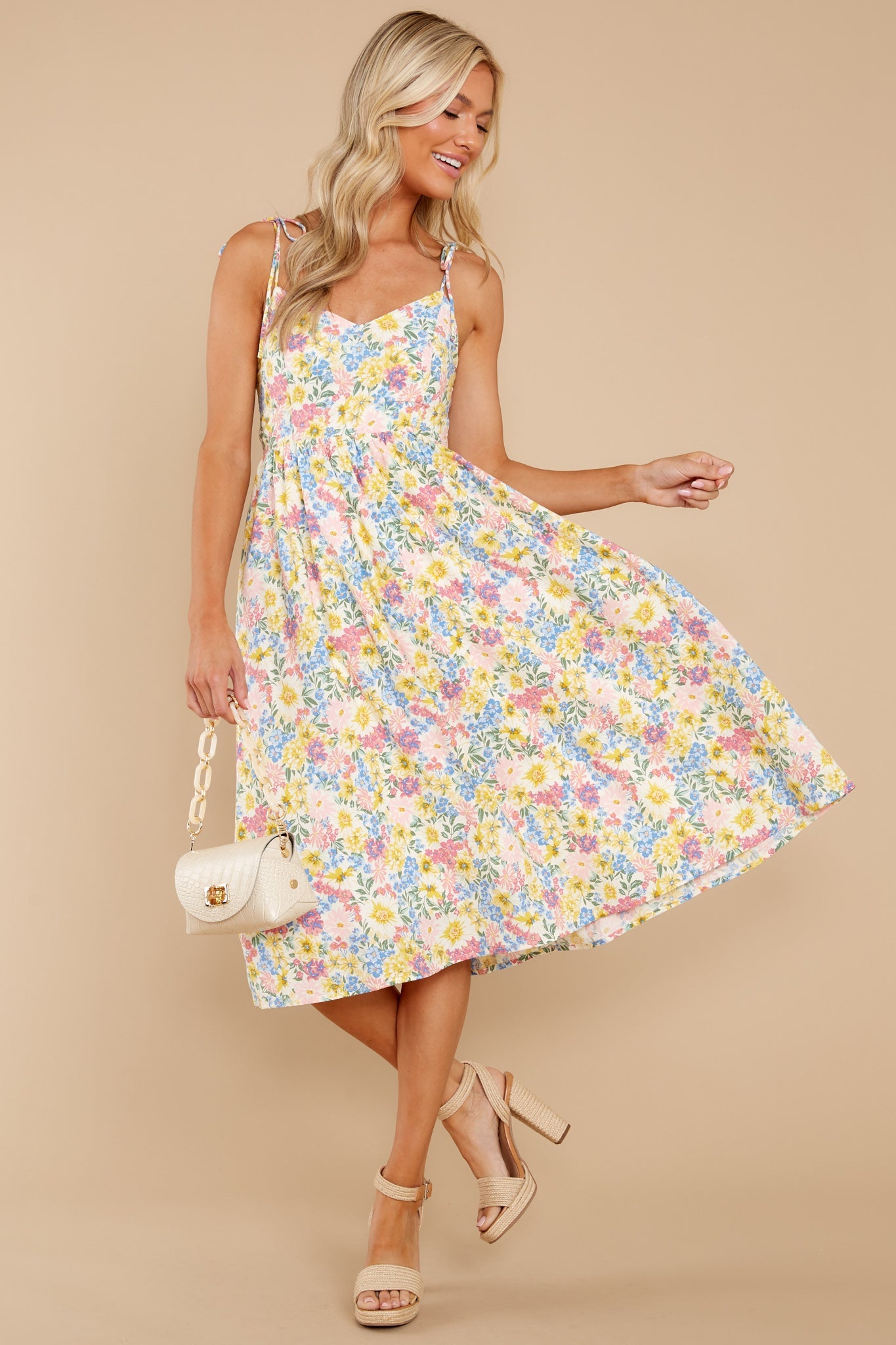Chasing Sun Beams Yellow Multi Floral Print Midi Dress