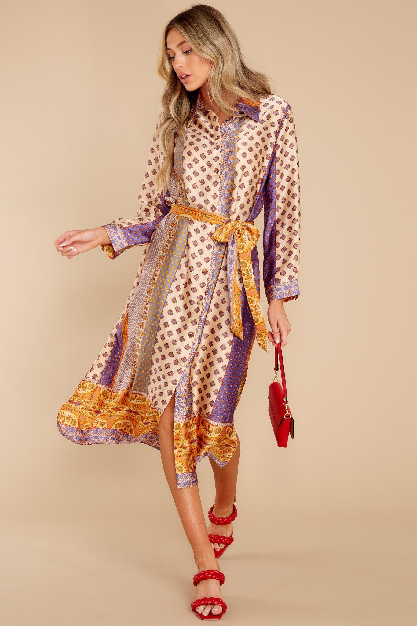 Fine Lines Beige Print Midi Dress