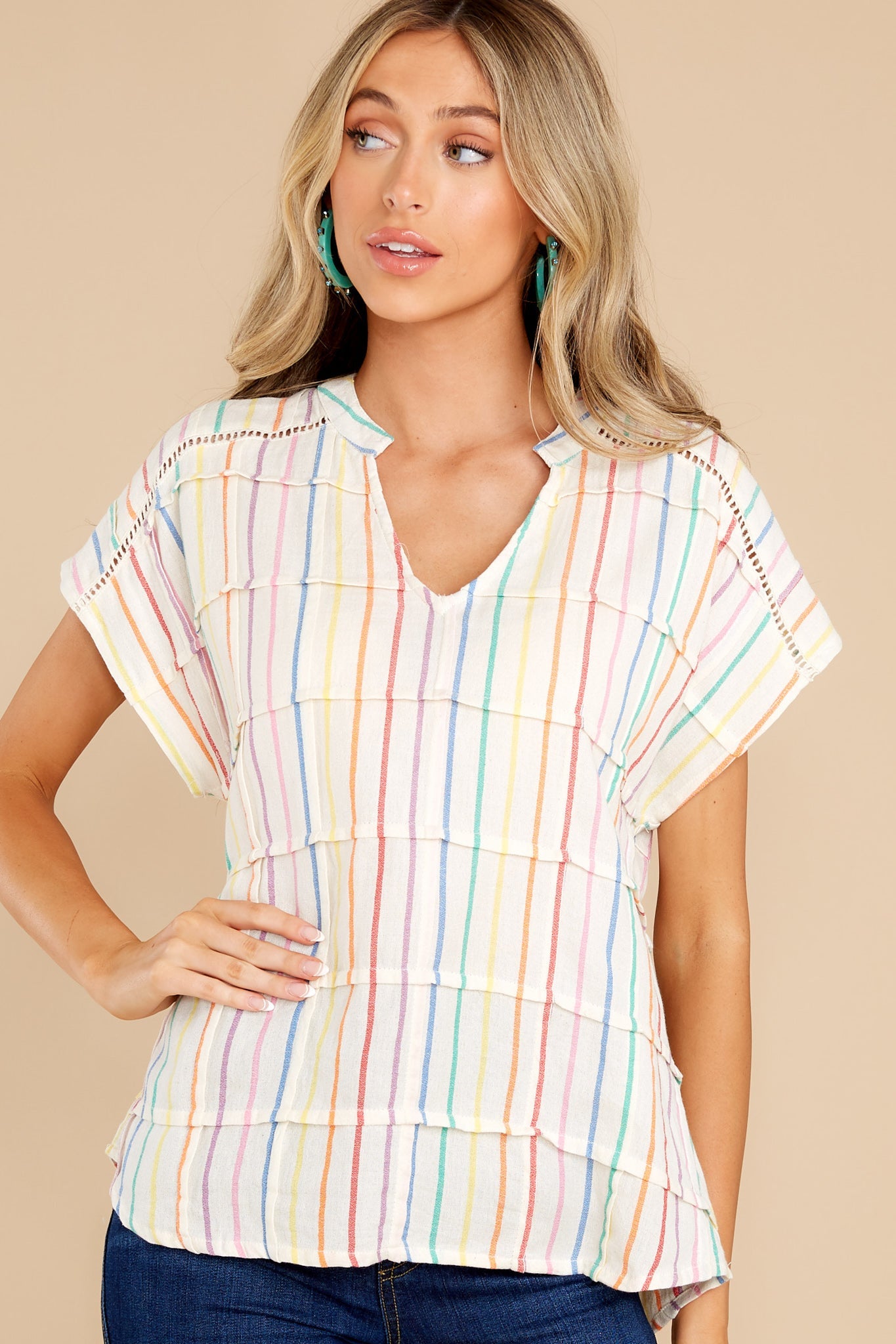 Watching Rainbows Off White Multi Stripe Cotton Top