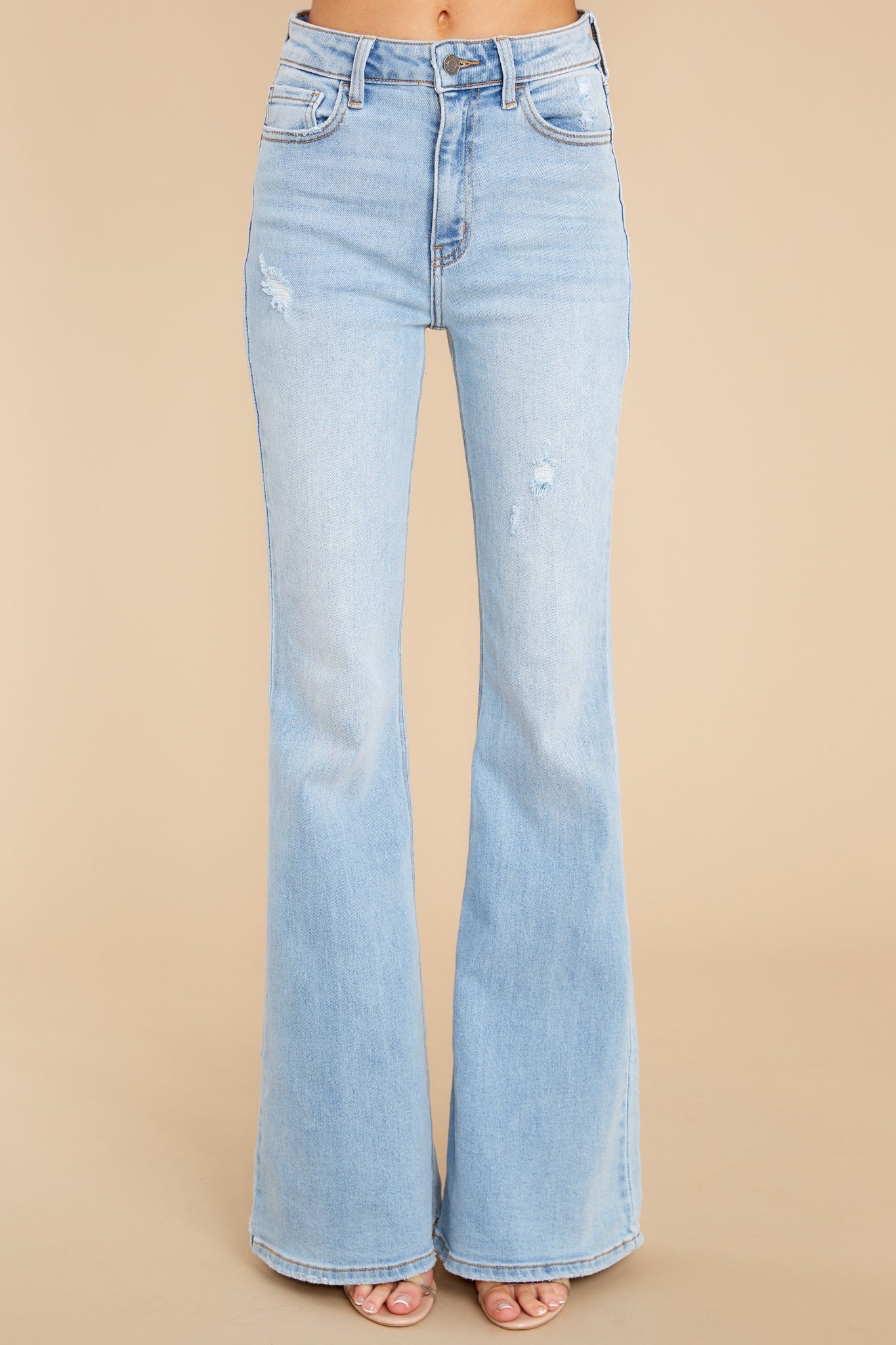 More Power To You Light Wash Distressed Flare Jeans