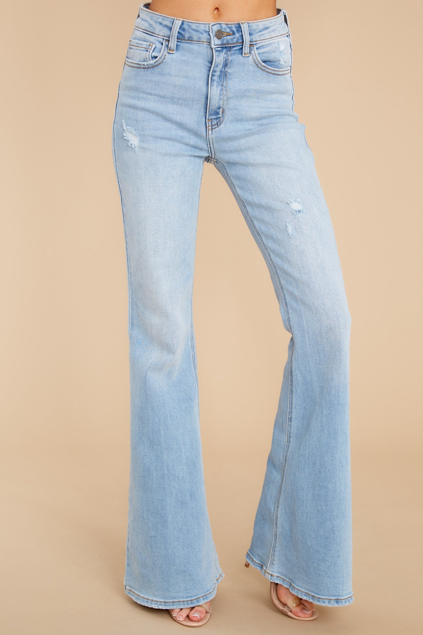 More Power To You Light Wash Distressed Flare Jeans
