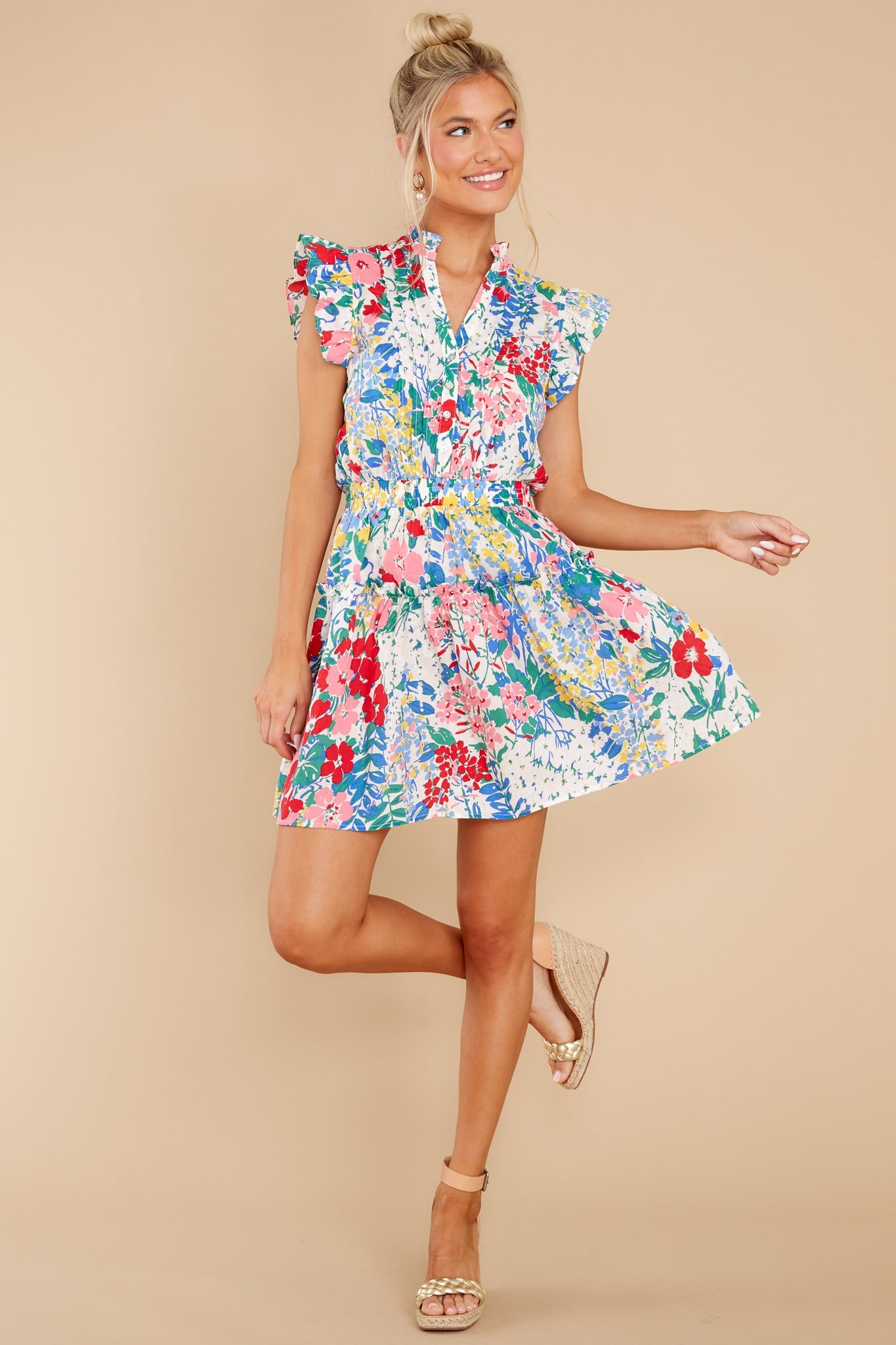 On A Pedestal White Multi Floral Print Dress