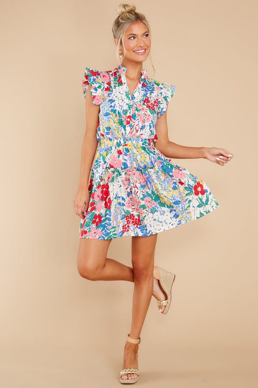 On A Pedestal White Multi Floral Print Dress