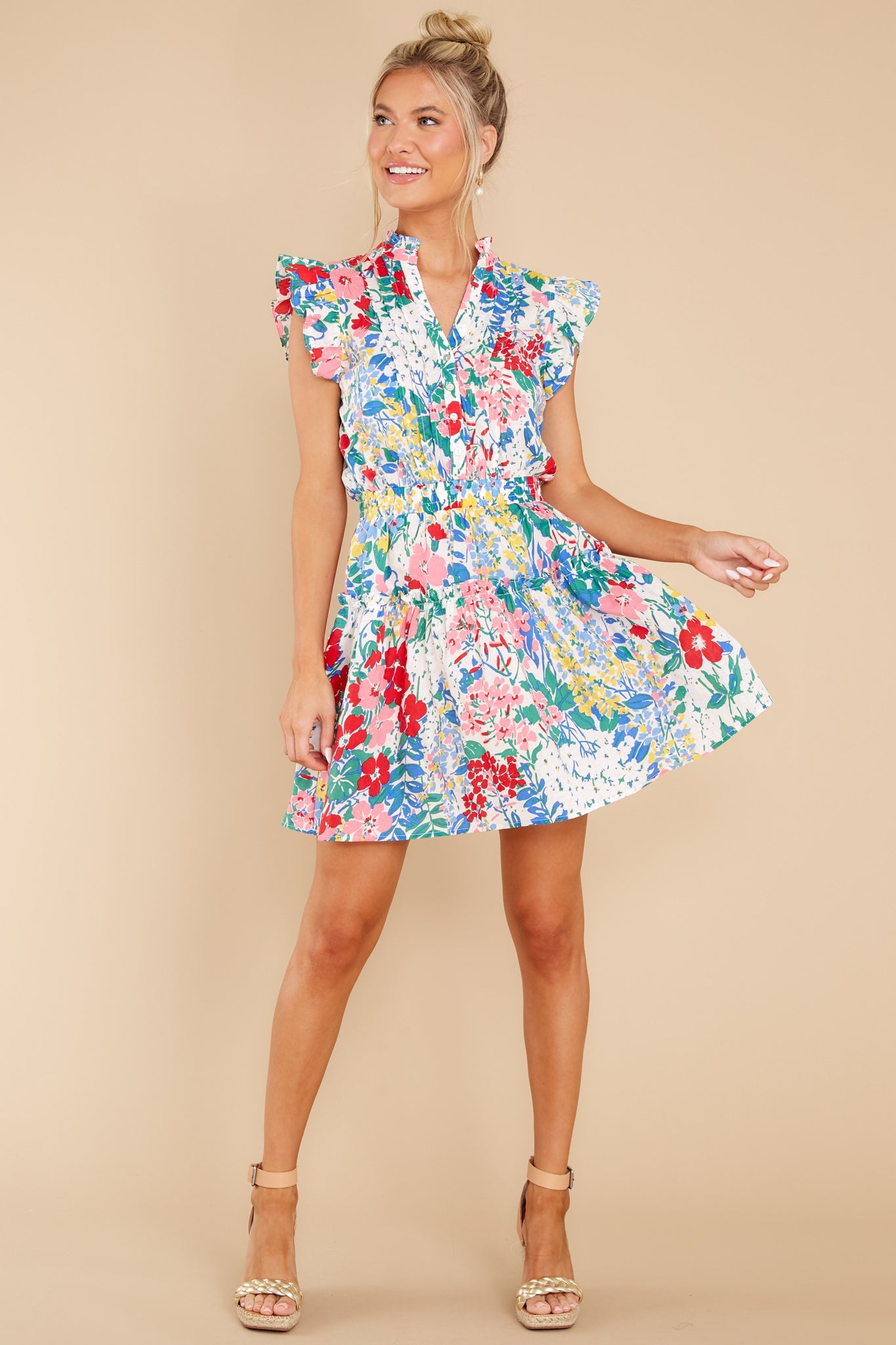 On A Pedestal White Multi Floral Print Dress