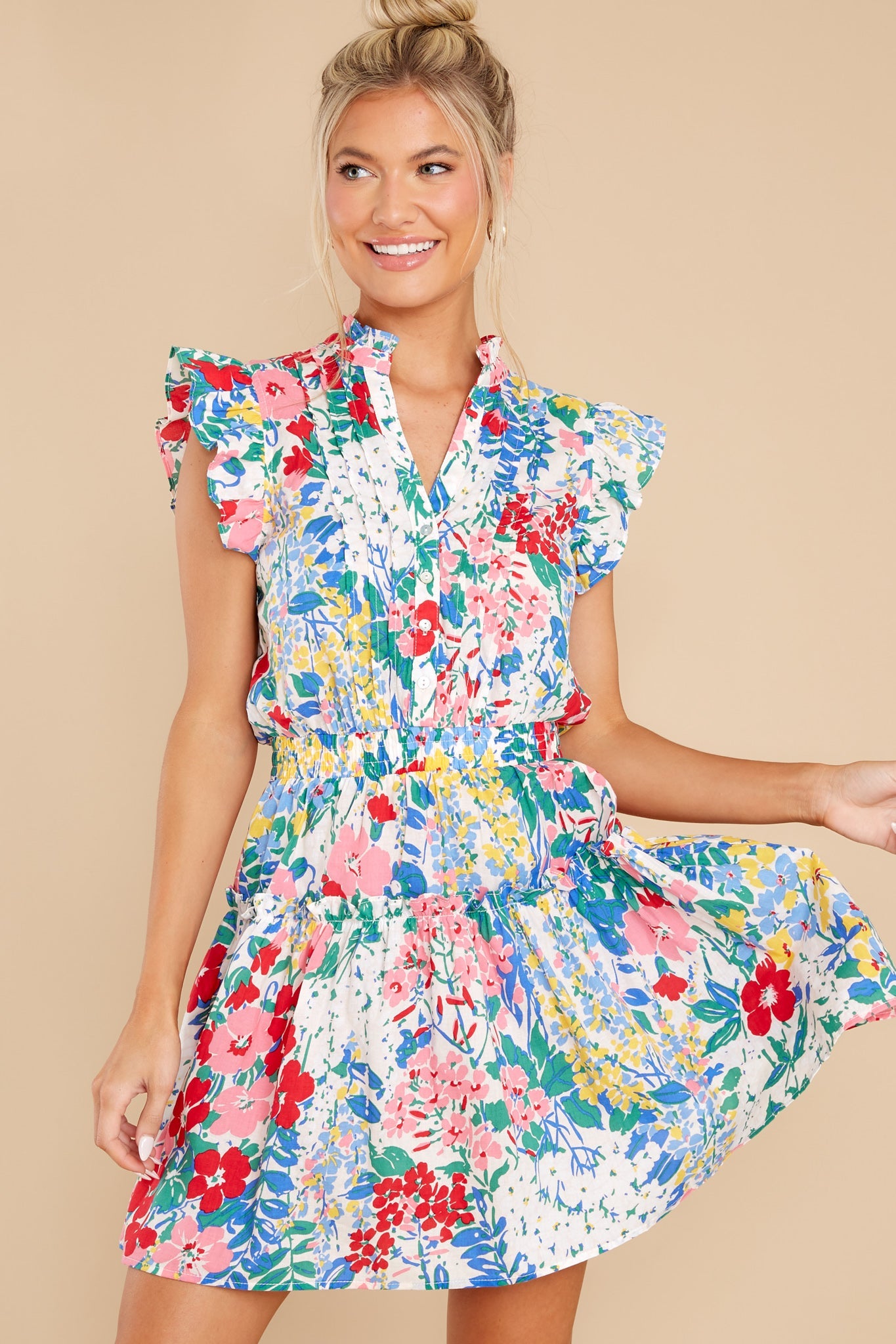 On A Pedestal White Multi Floral Print Dress