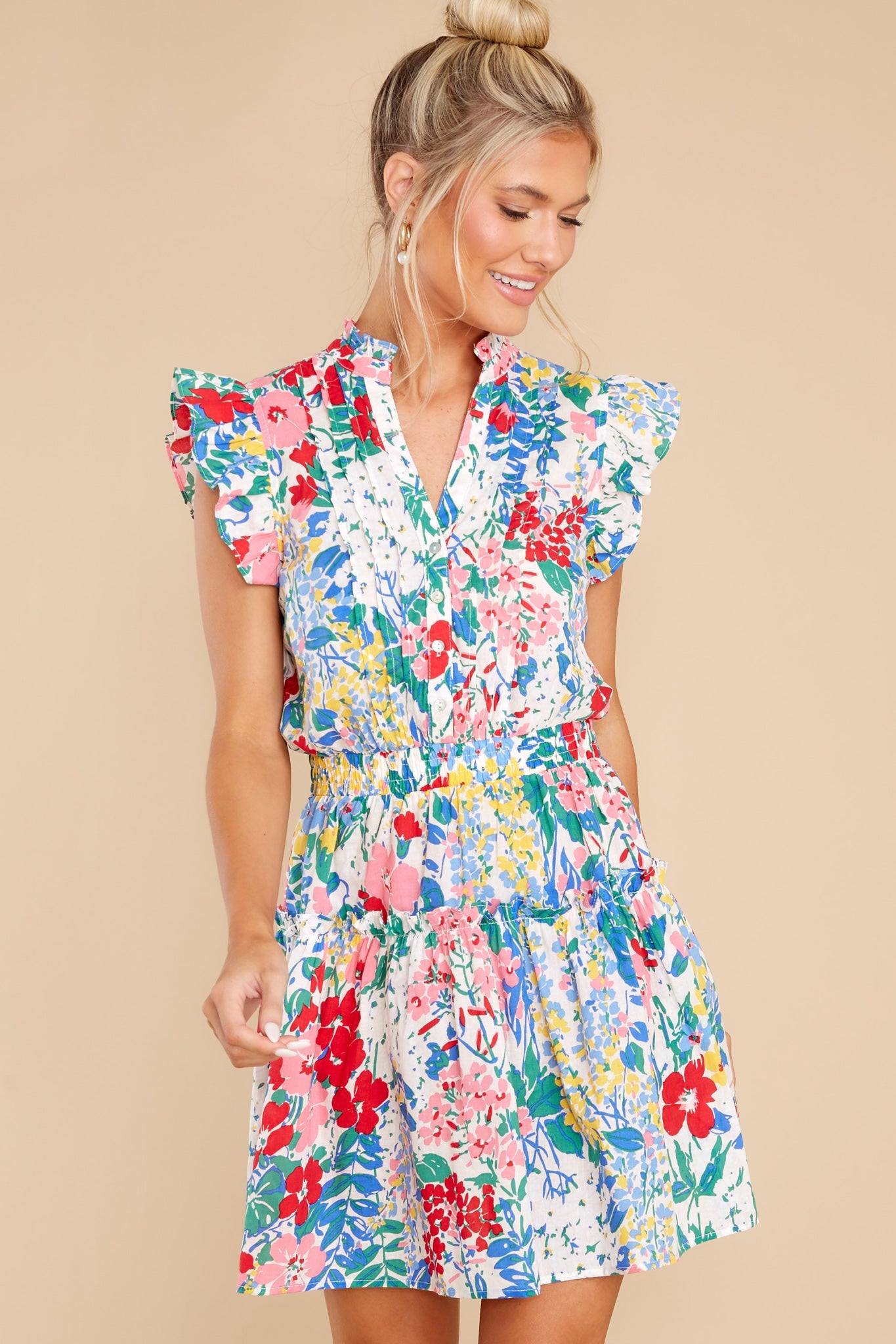 On A Pedestal White Multi Floral Print Dress