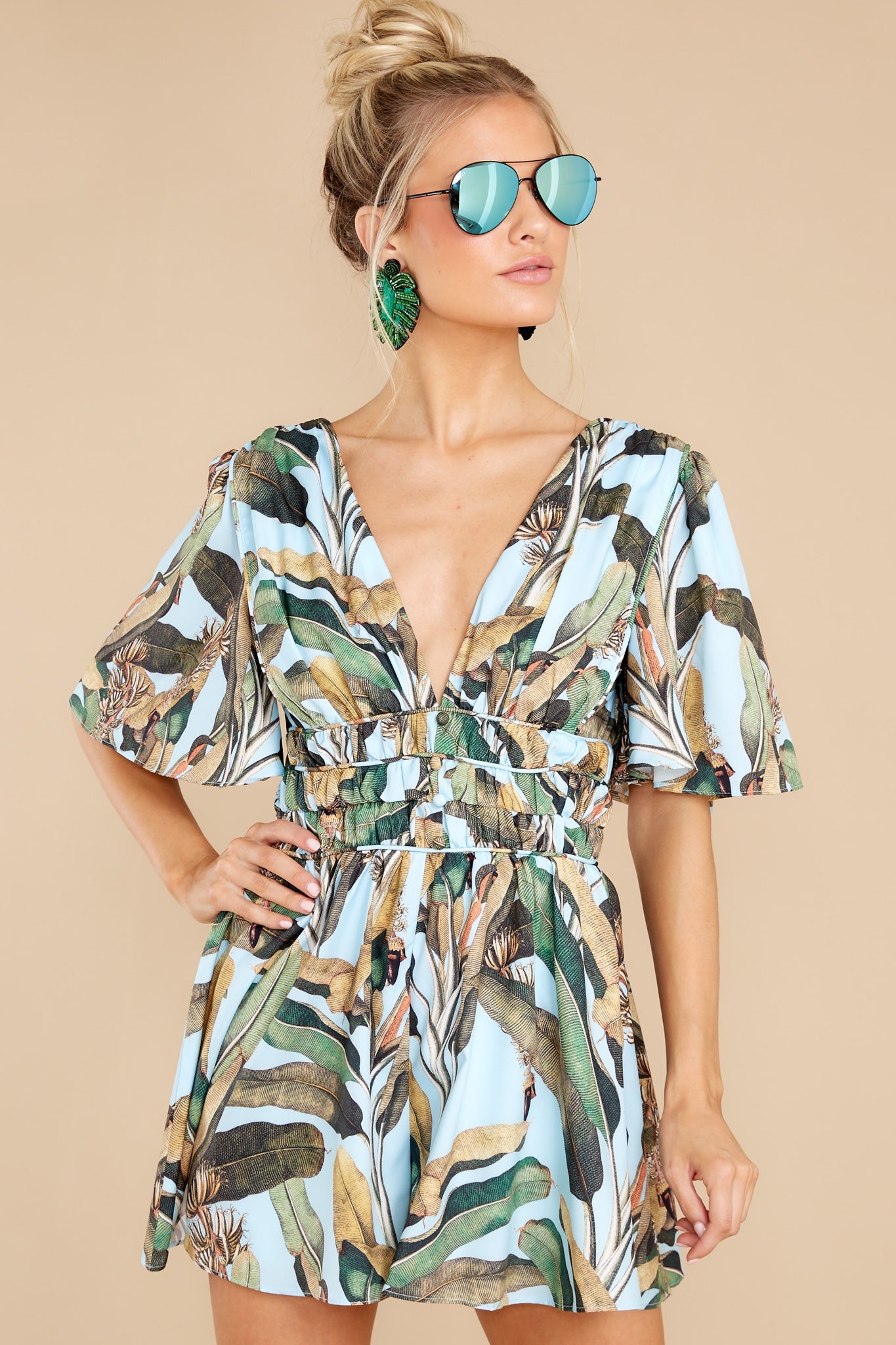 Sunny Destinations Blue Leaf Print Romper