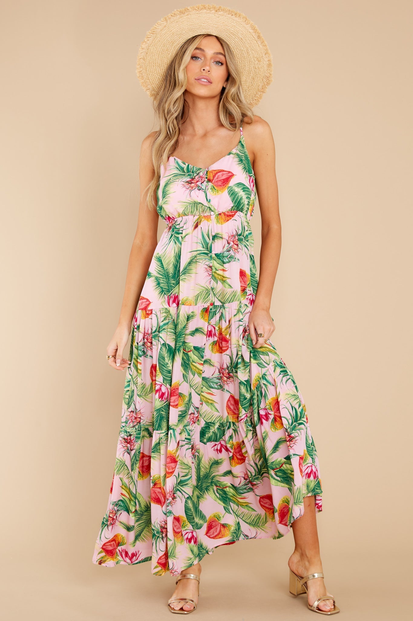 Frond Memories Coral Pink Floral Print Maxi Dress