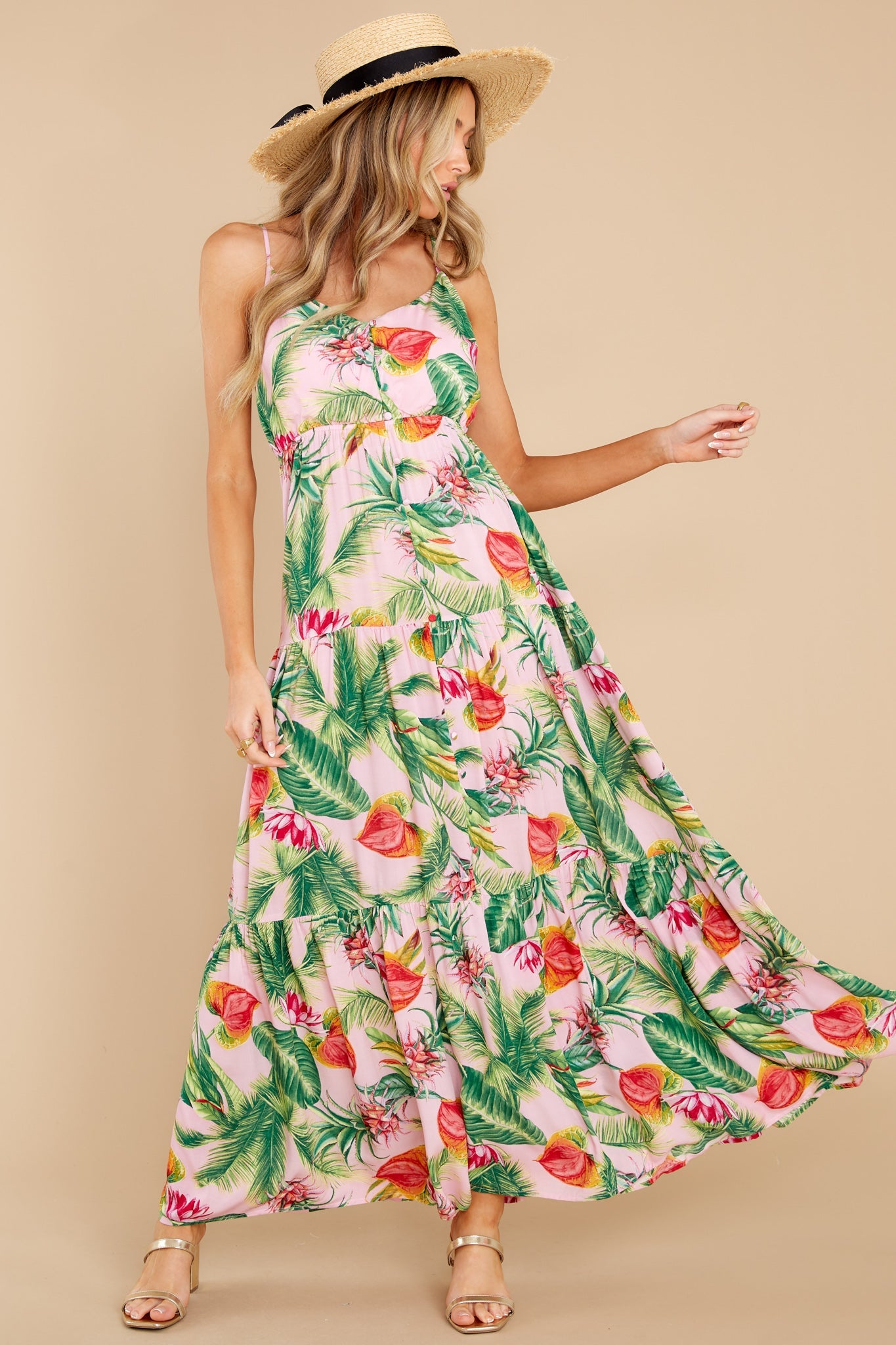 Frond Memories Coral Pink Floral Print Maxi Dress