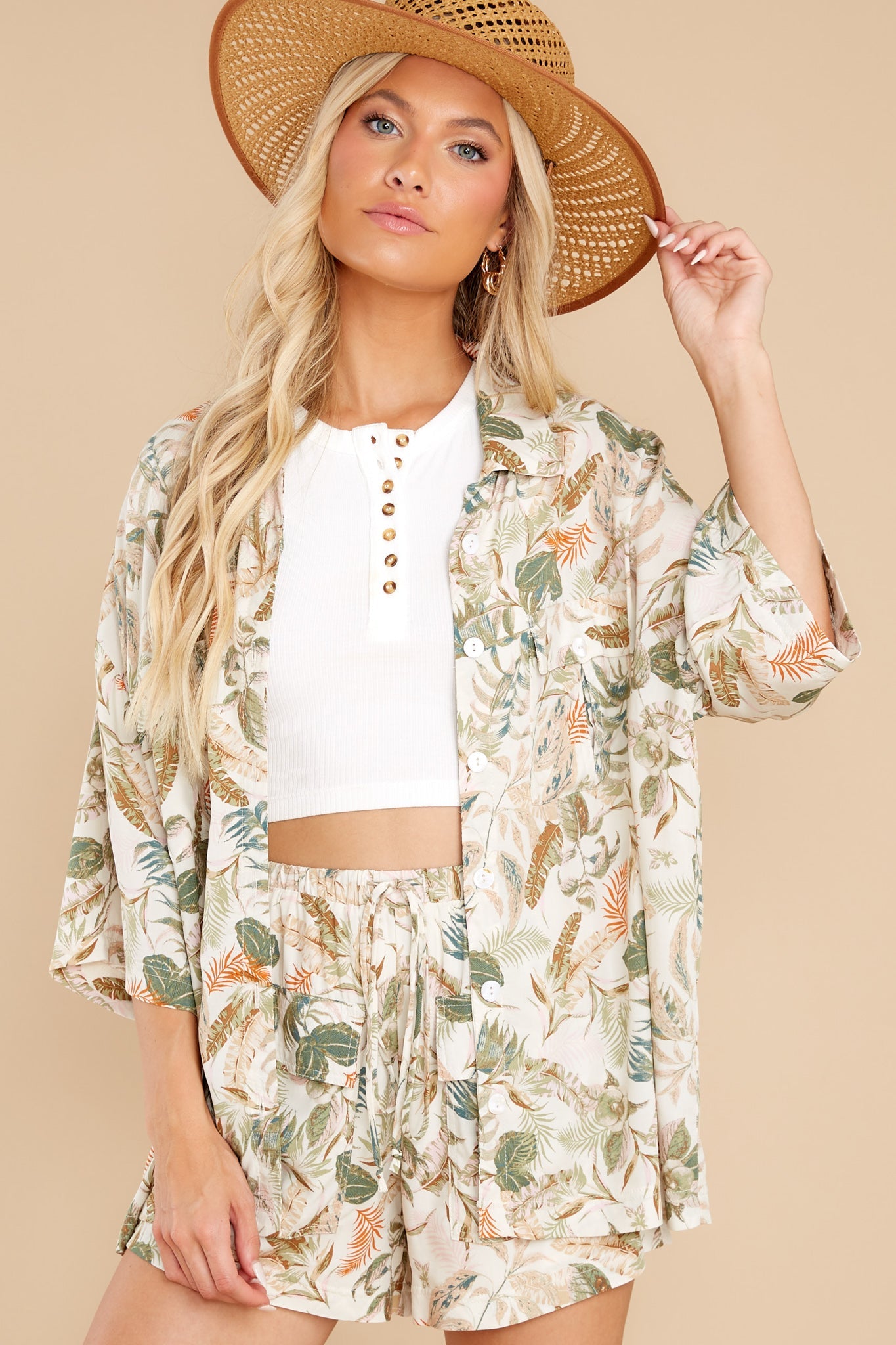 Thrilling Adventures Ivory Multi Leaf Print Top