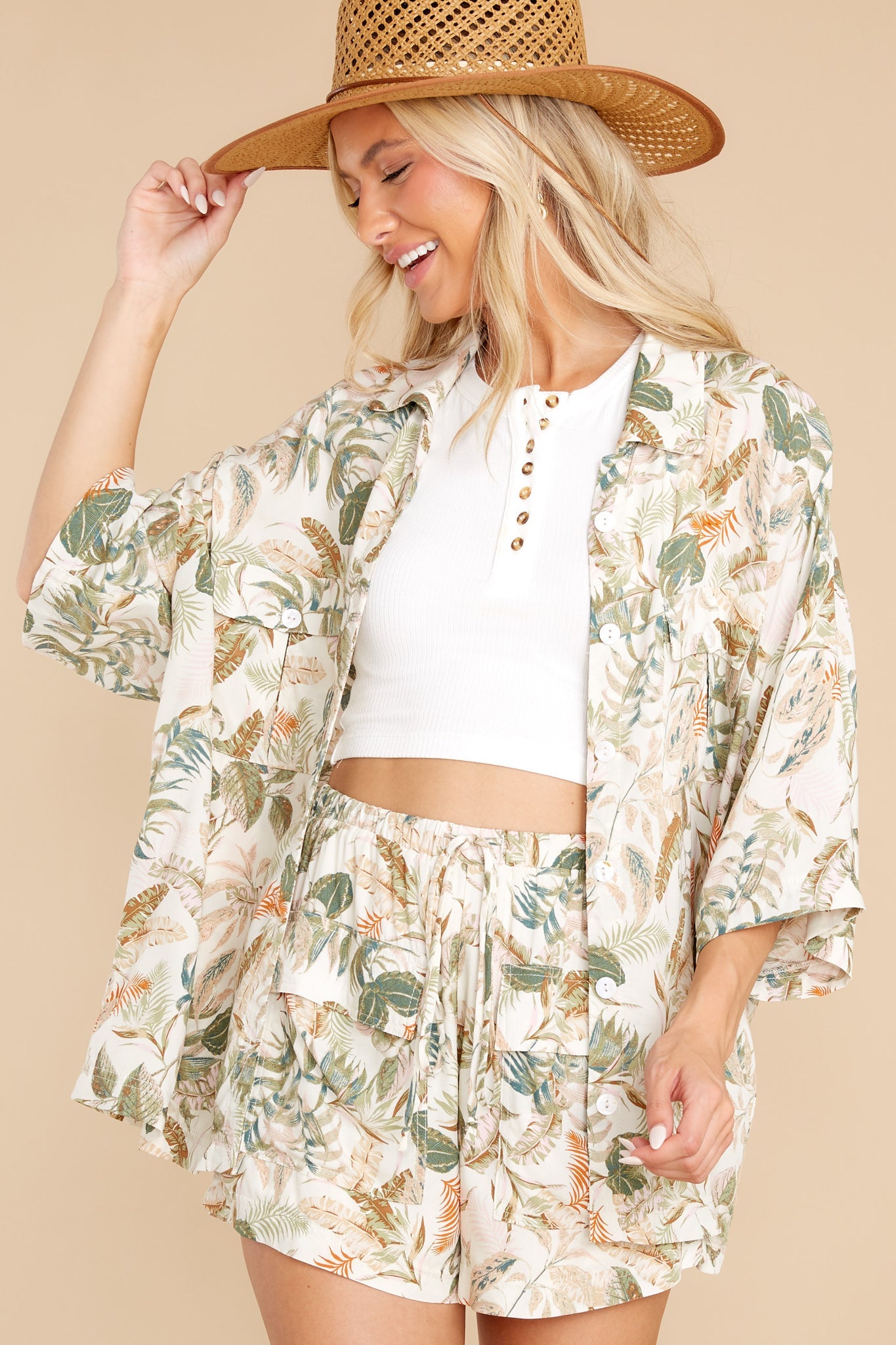 Thrilling Adventures Ivory Multi Leaf Print Top