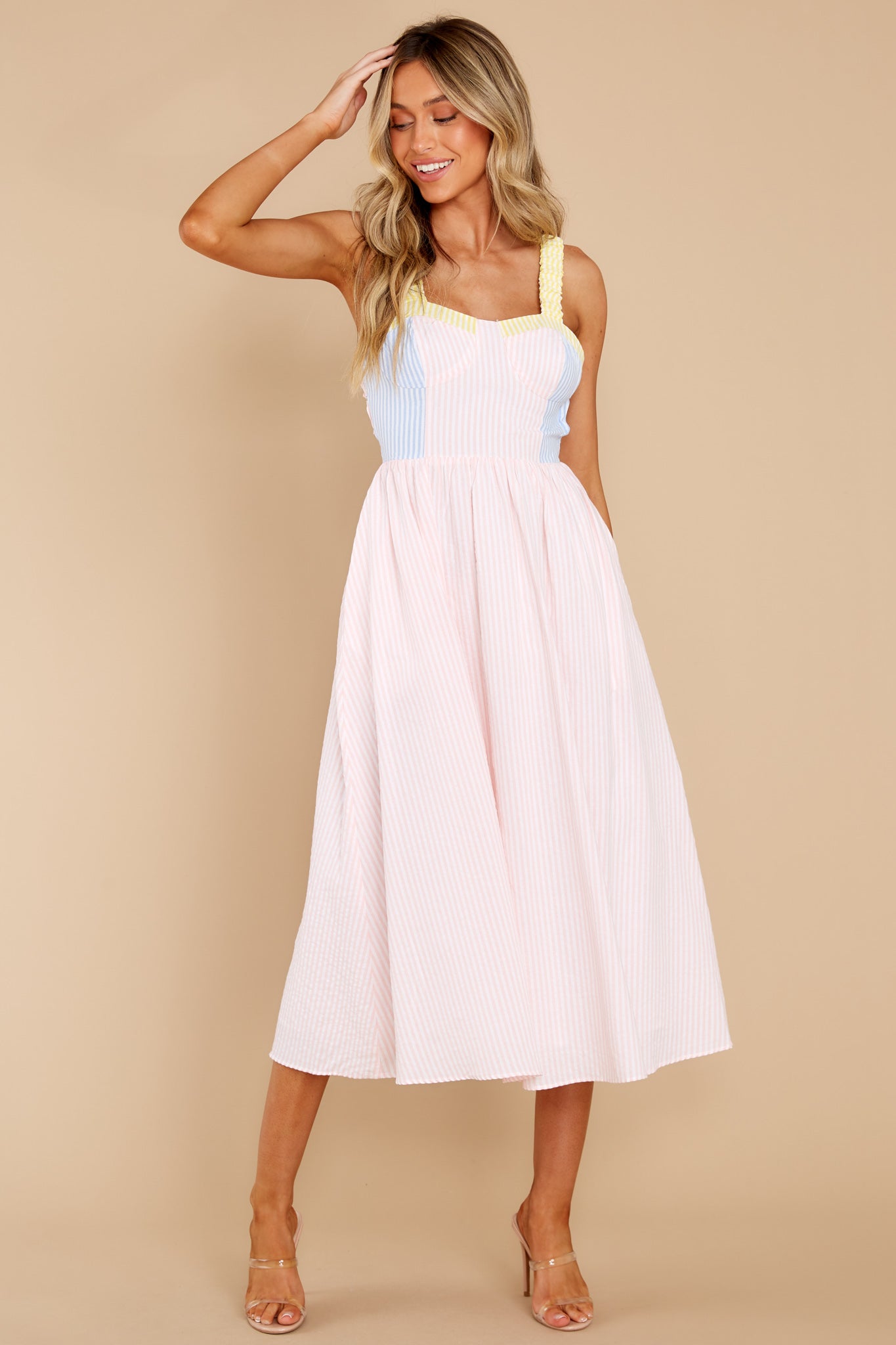 Sweet Voices Light Pink Multi Striped Midi Dress